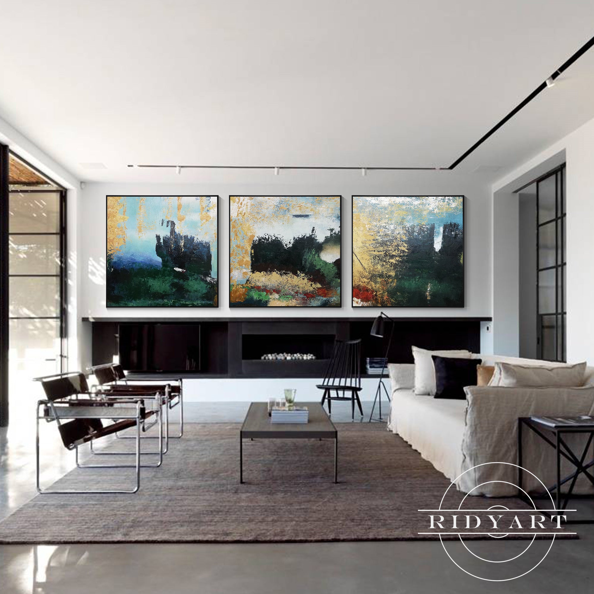 Modern abstract landscape wall decor in deep green and metallic gold