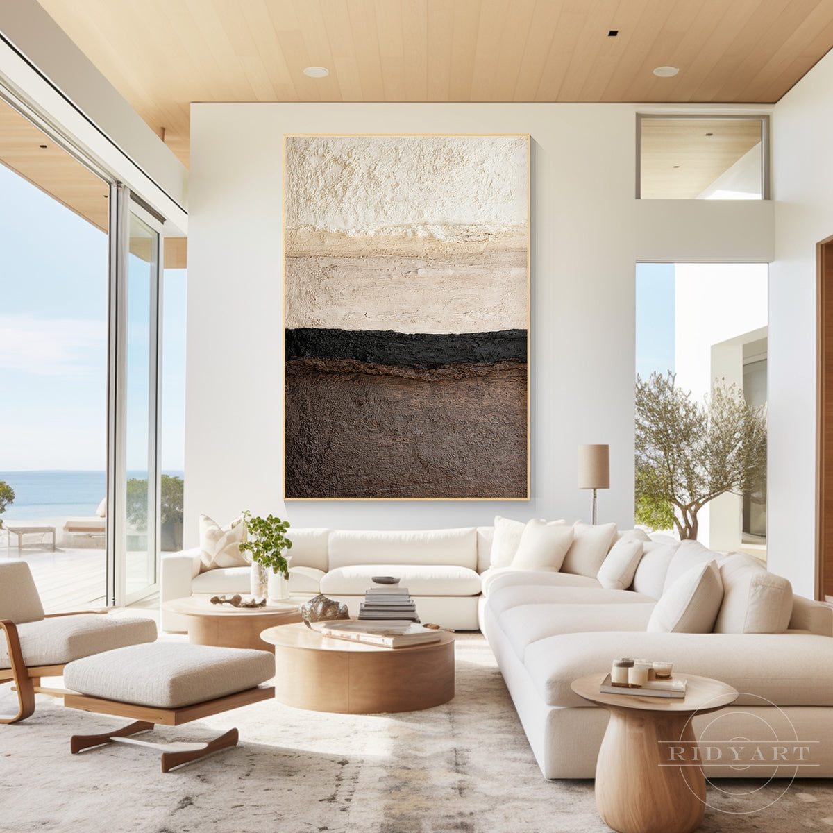 Framed minimalist abstract canvas painting styled on a white wall near a modern living room decor
