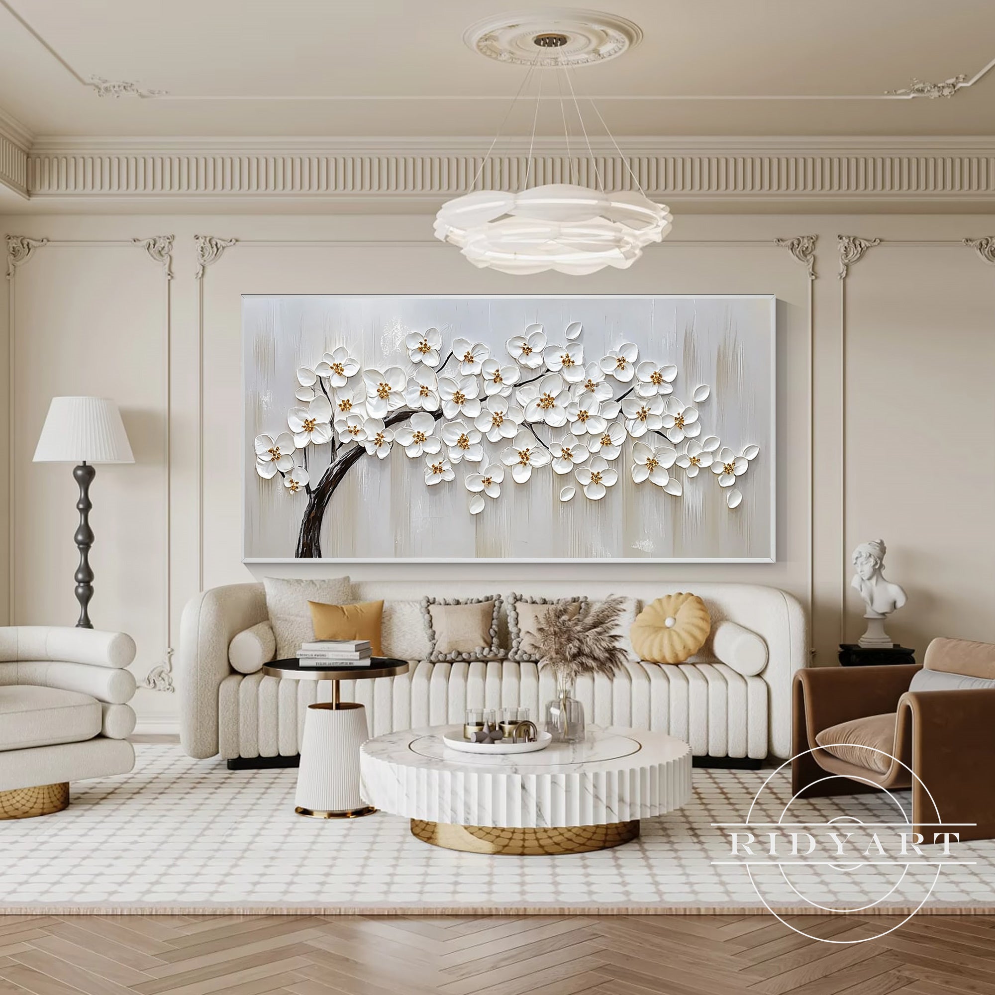 Modern botanical wall art with hand-painted white blooms