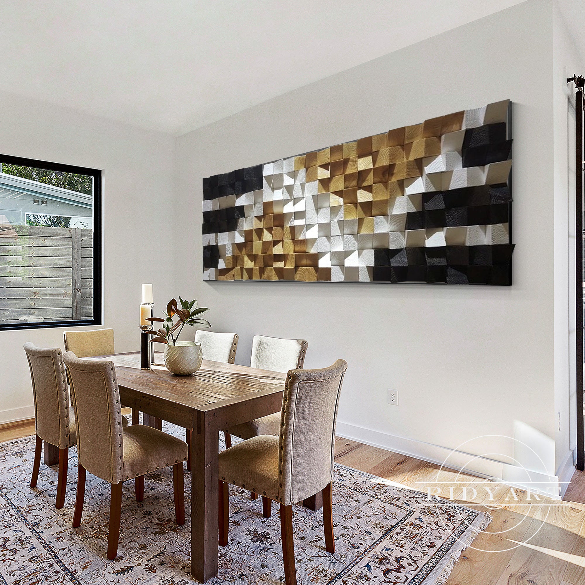 Long abstract wood art piece with bold black and yellow tones.