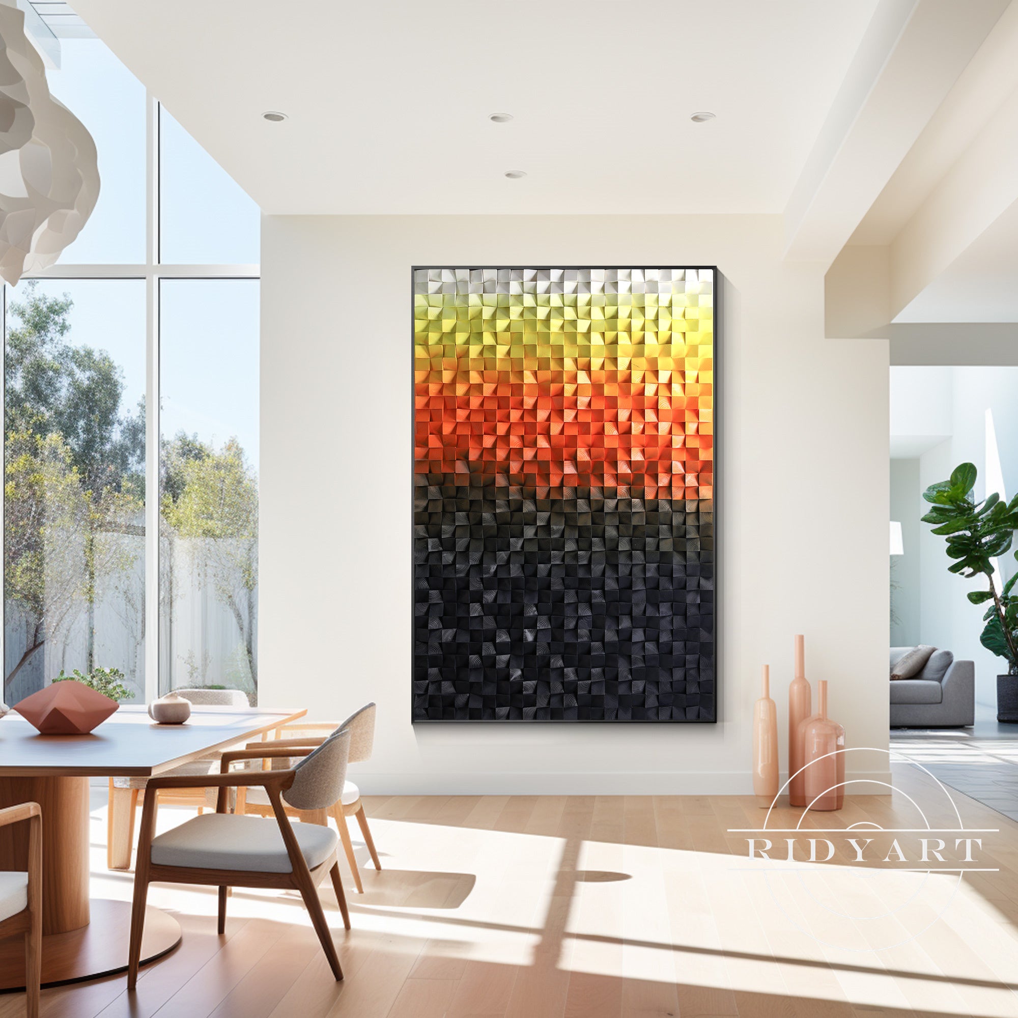 Yellow black abstract wood block art for wall decoration