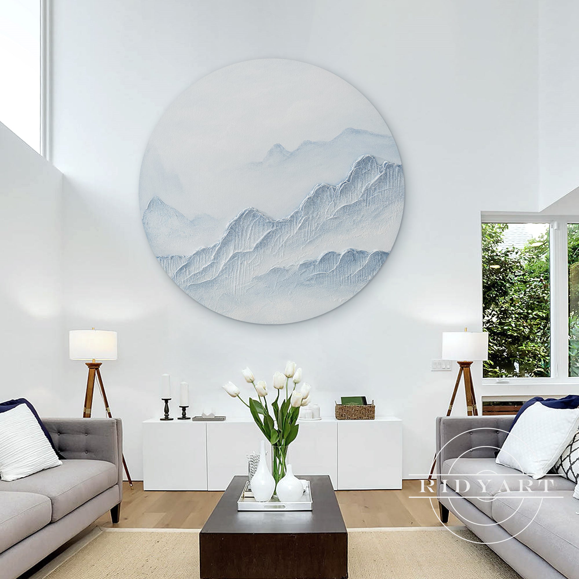 Round Blue White Mountain 3D Texture Wall Art Framed