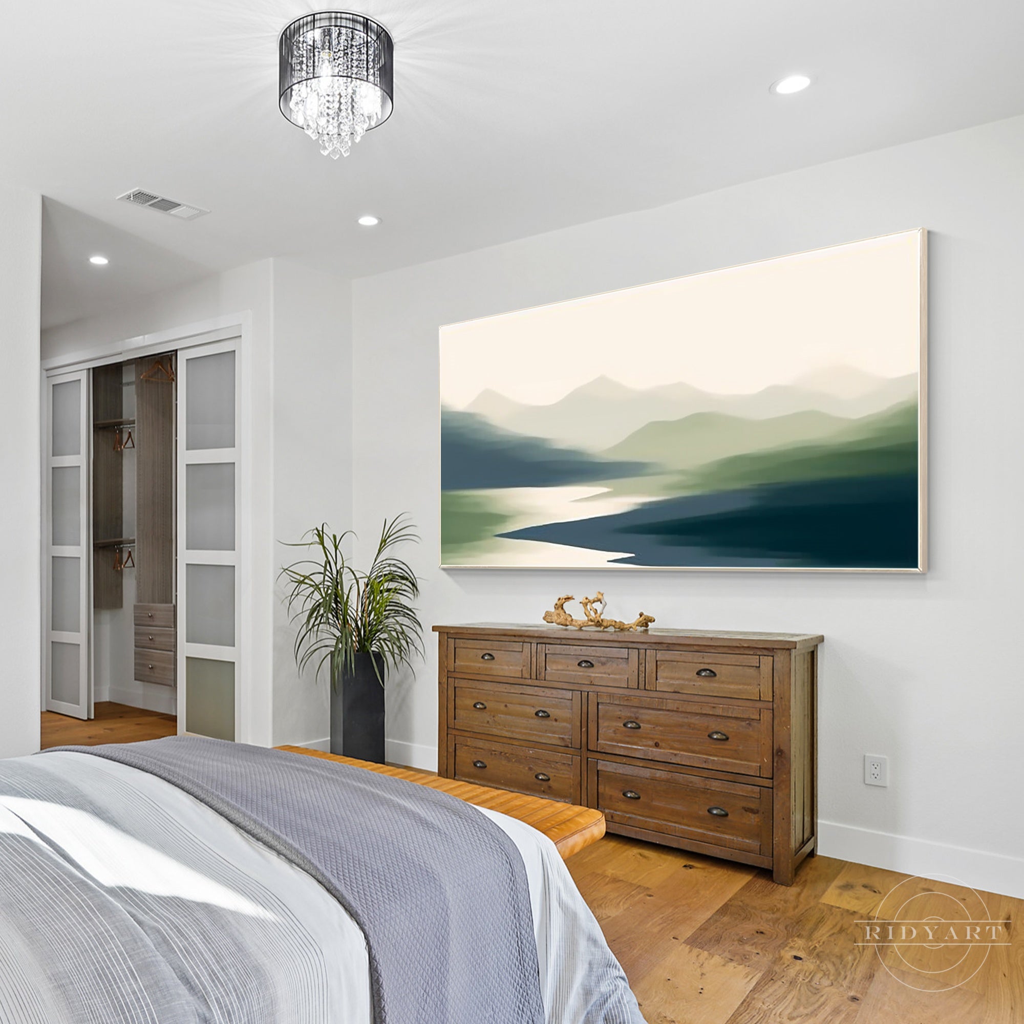 Gray green mountains abstract painting on canvas.