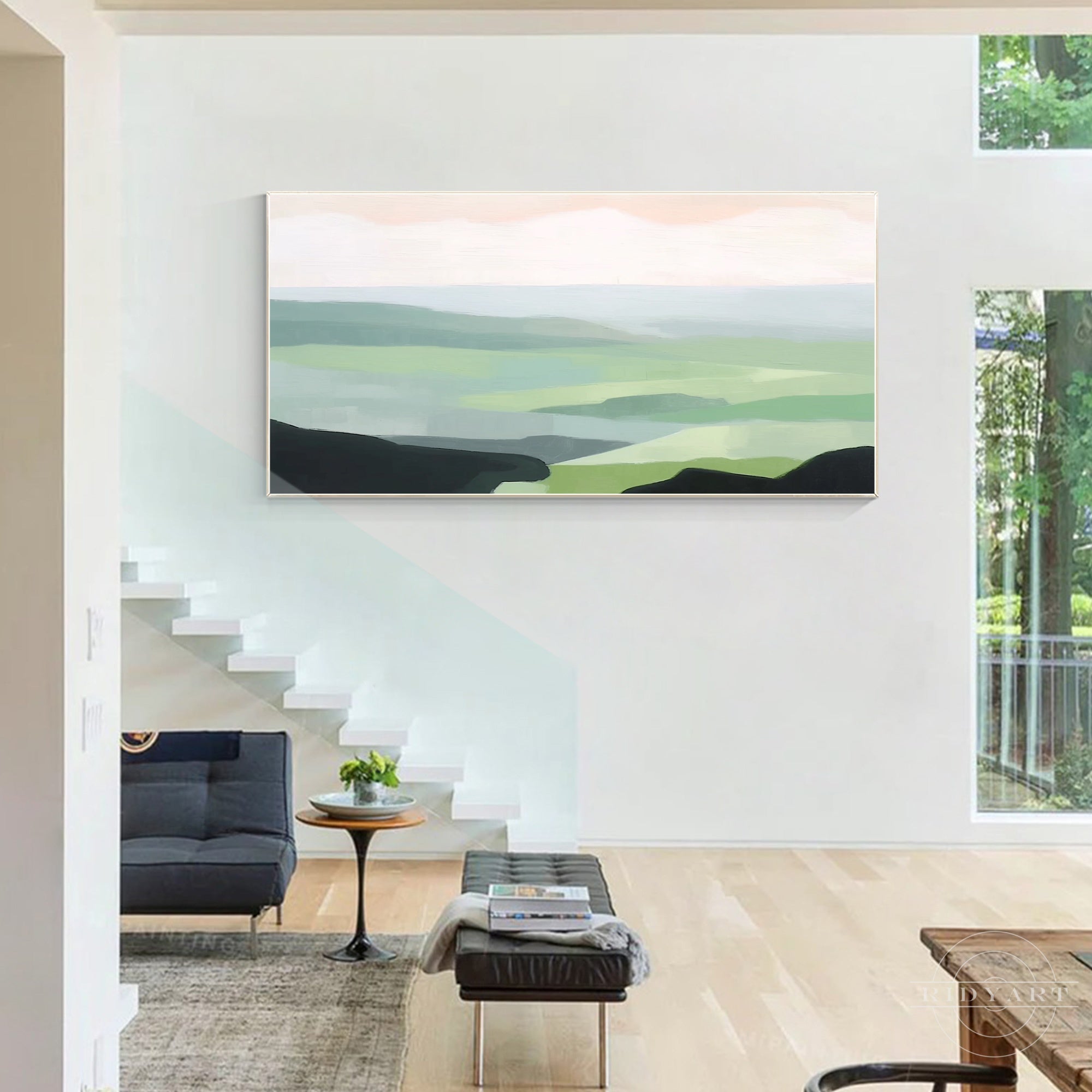 Light green mountain abstract painting on canvas.