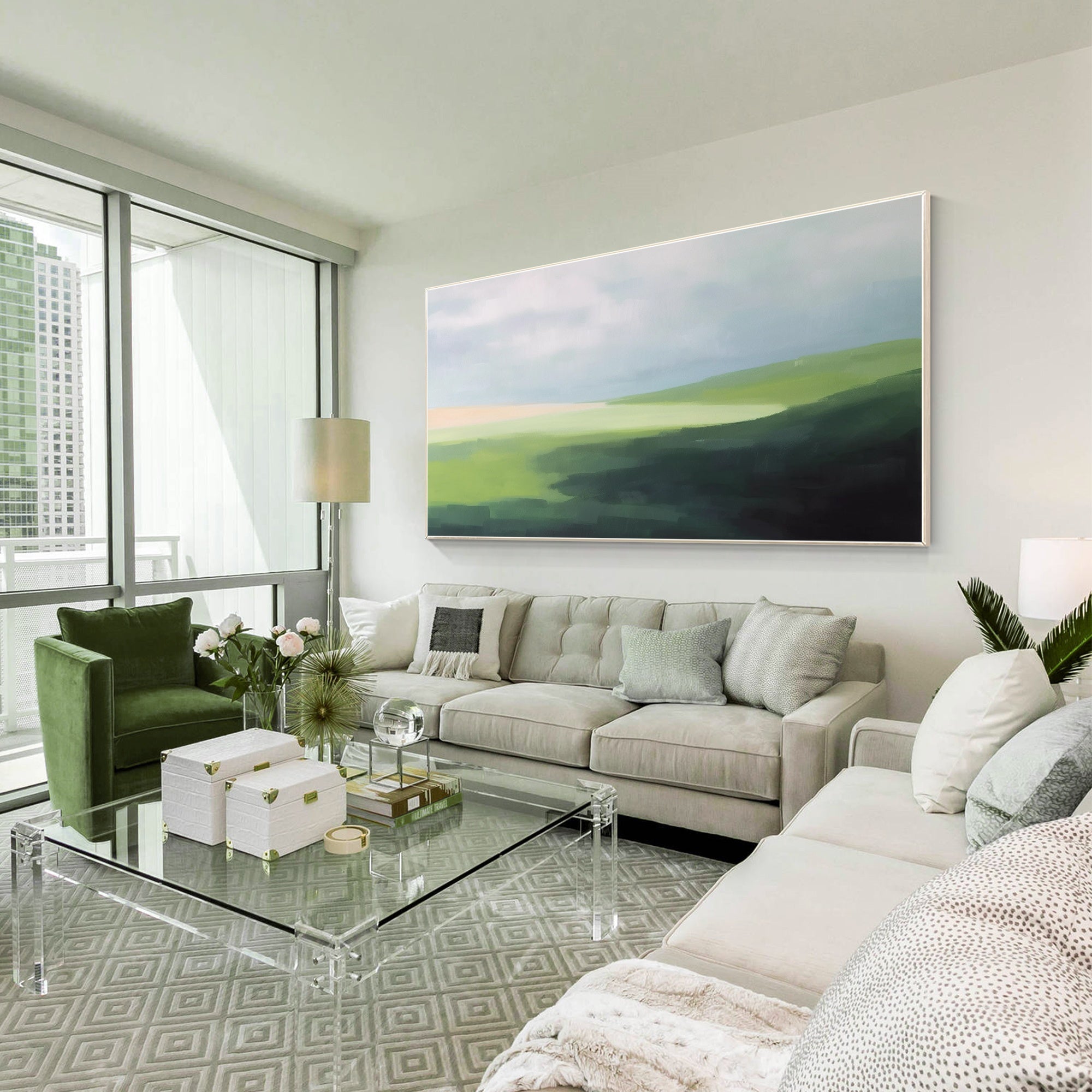 Green mountain hills landscape painting on canvas.
