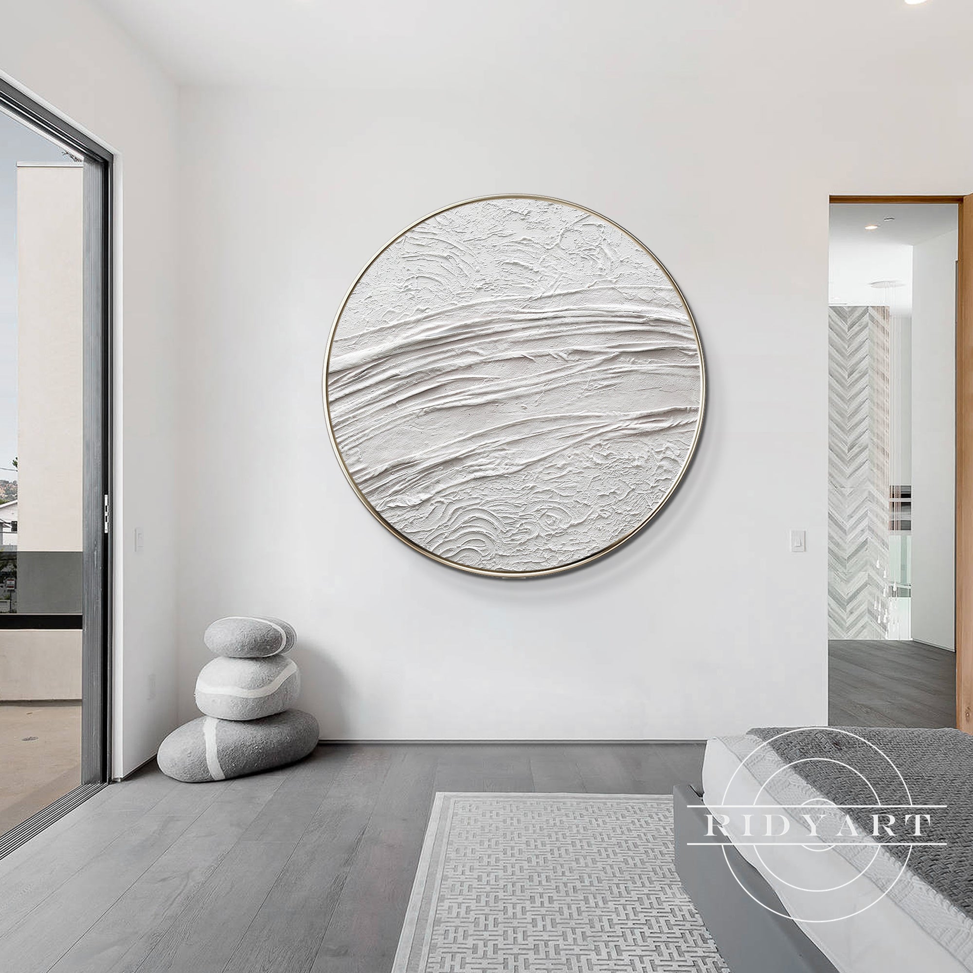 White minimalist 3D thick texture round wall art framed