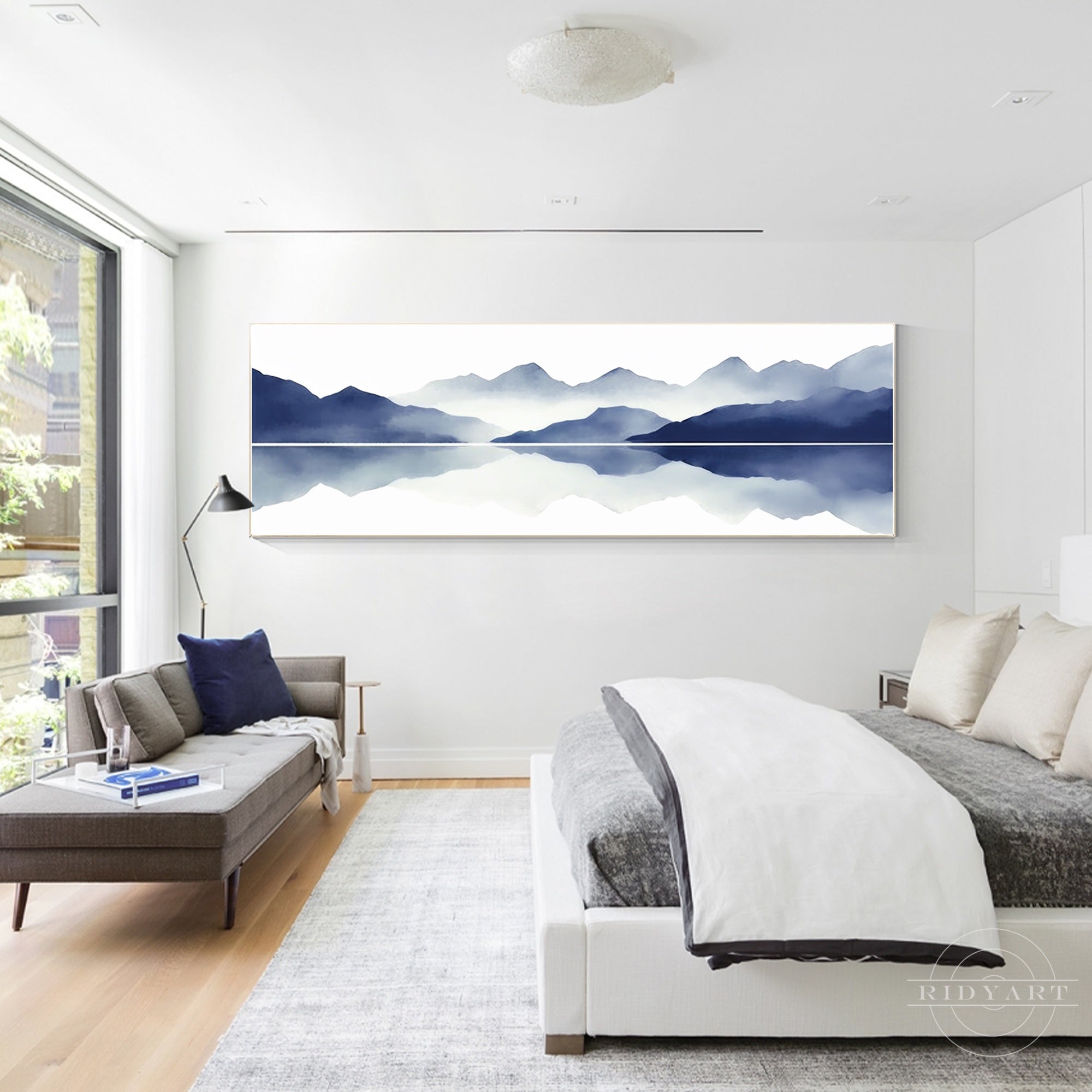Blue mountain painting on canvas for horizontal wall decor.