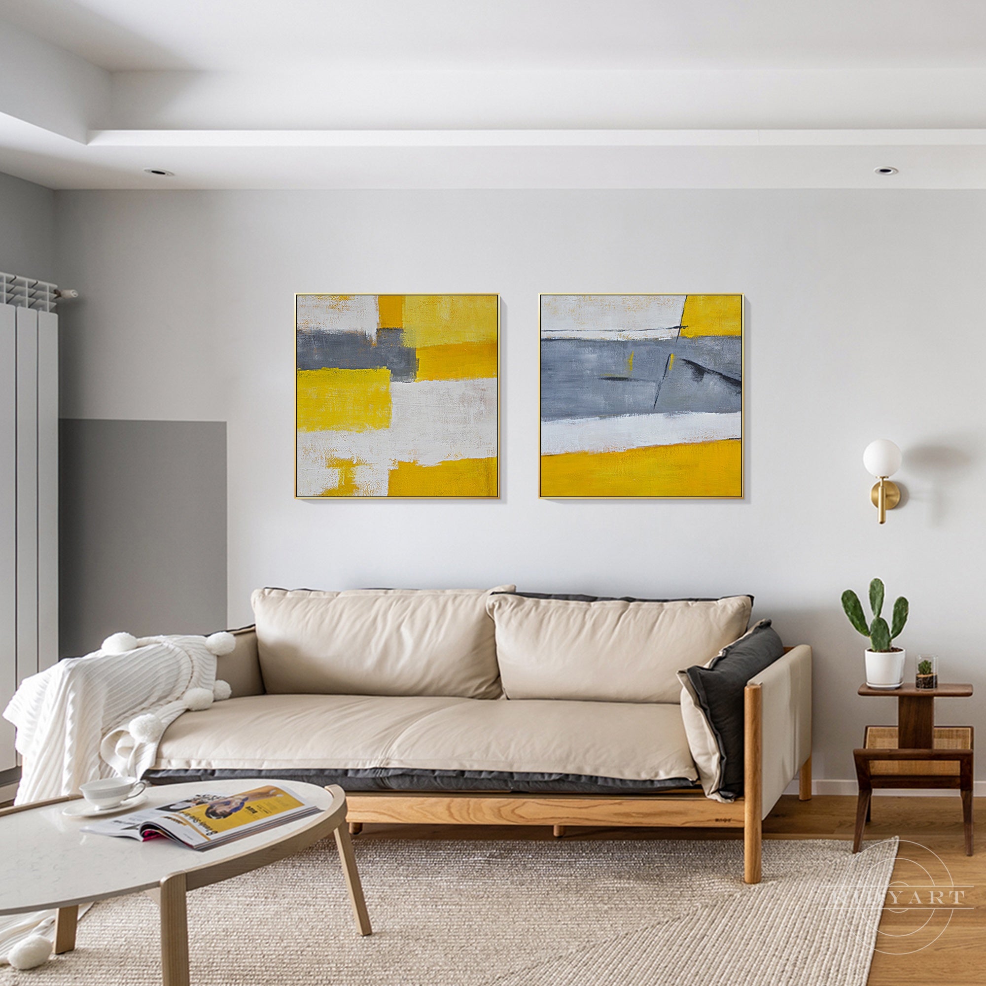 Set of 2 mustard yellow and grey abstract paintings