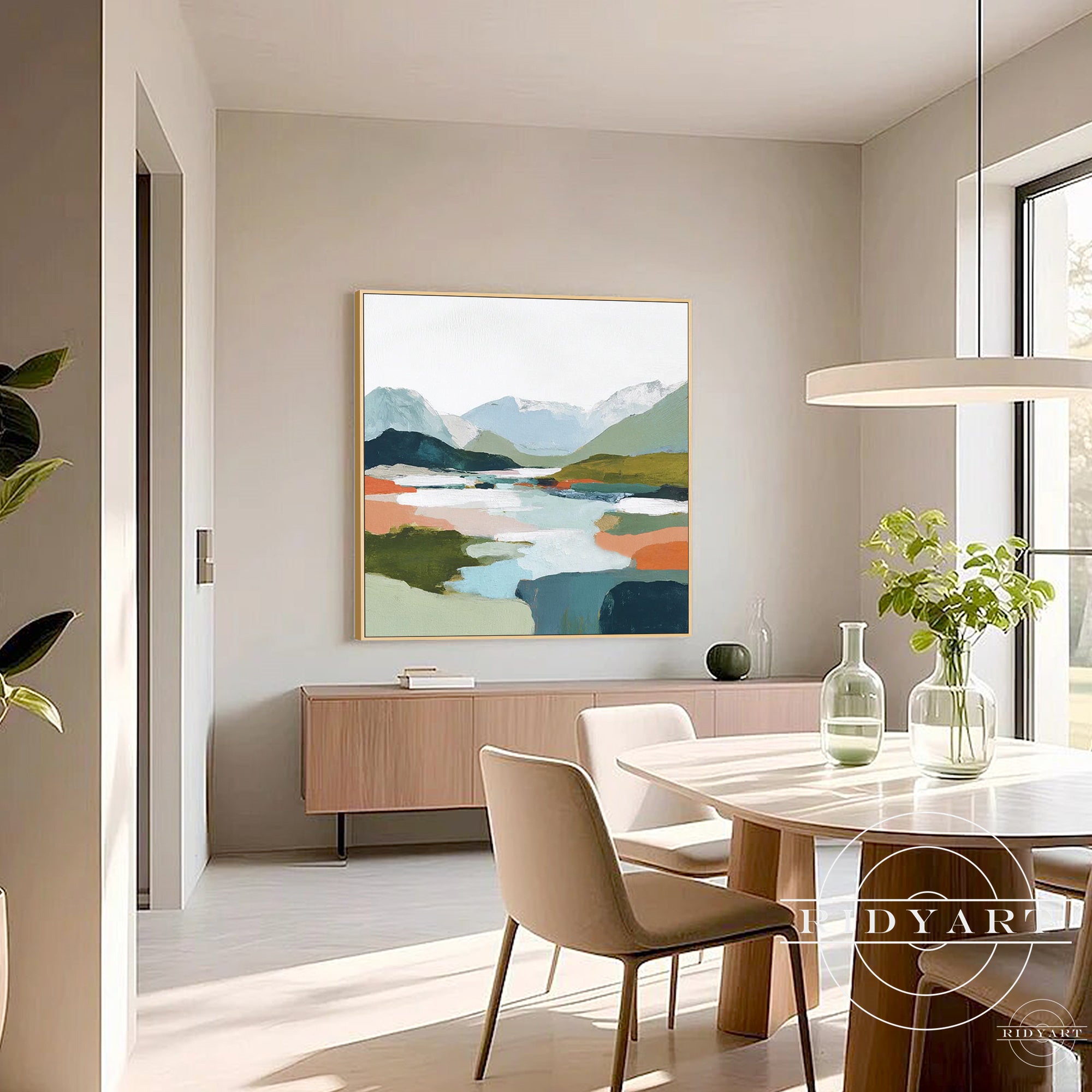 modern mountain lake artwork for home interior