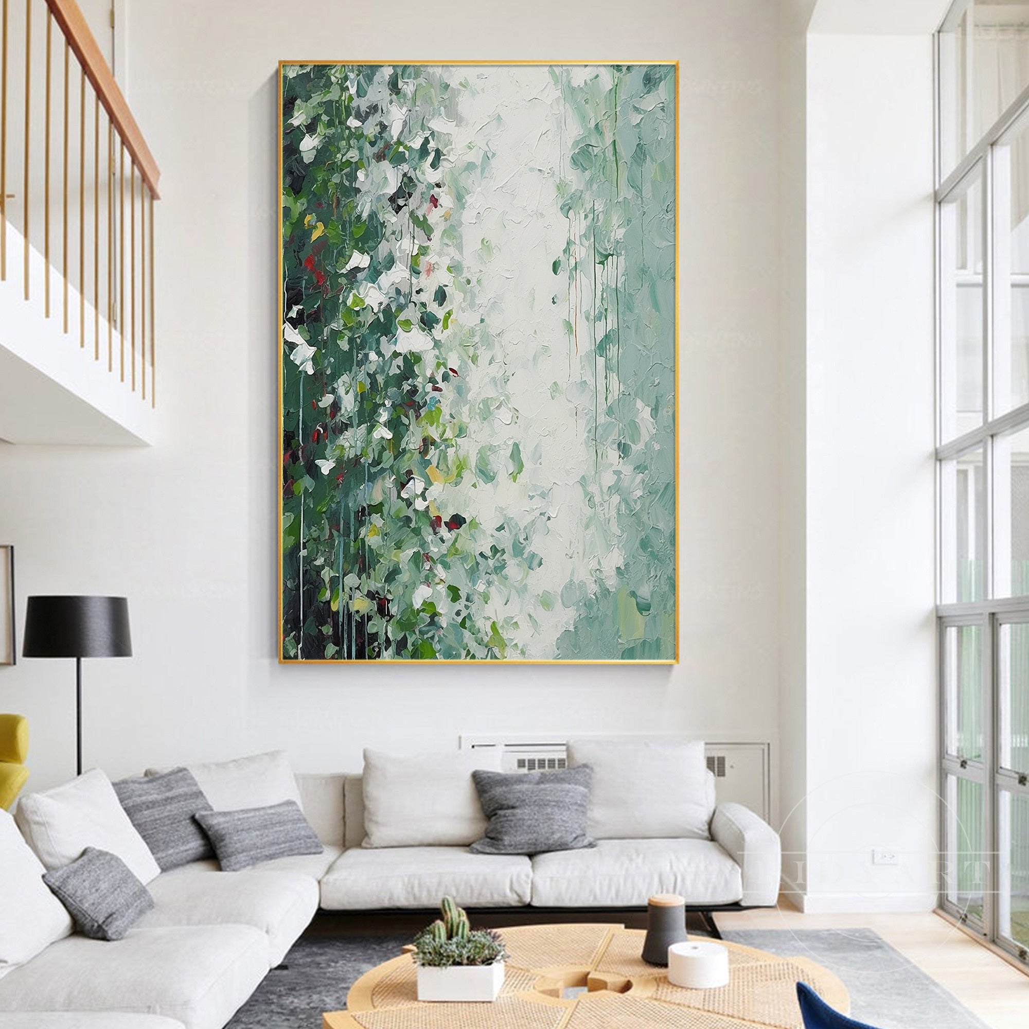 Nature-inspired green leaf painting with modern textured brushstrokes