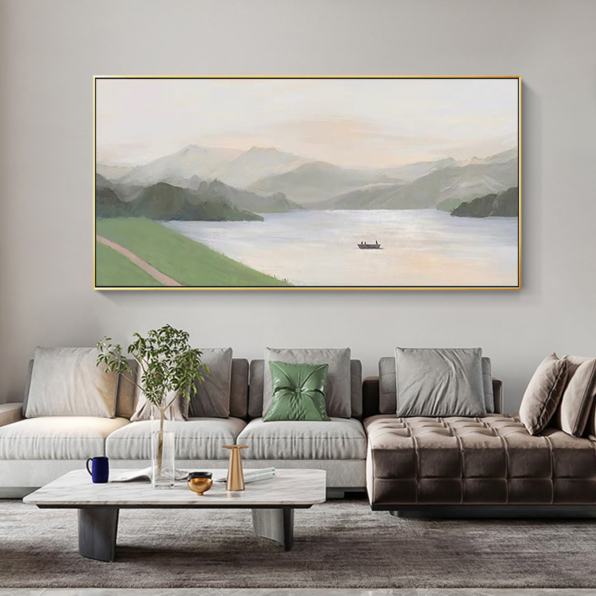 Minimalist sage green mountain and lake painting for modern decor