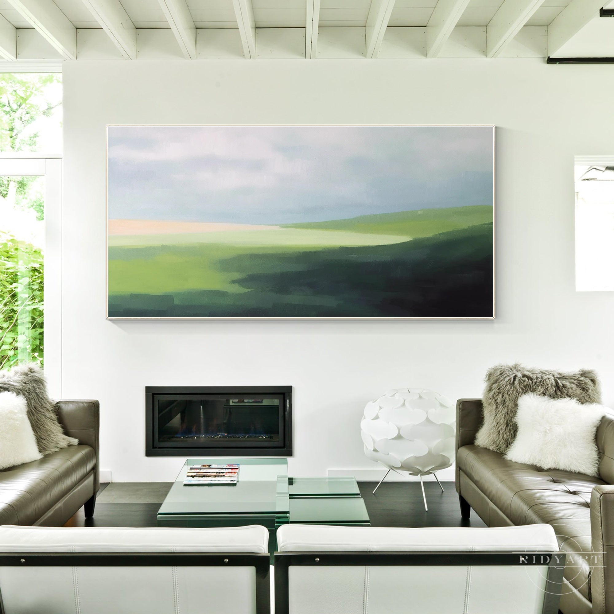 Green mountain hills landscape painting on canvas.