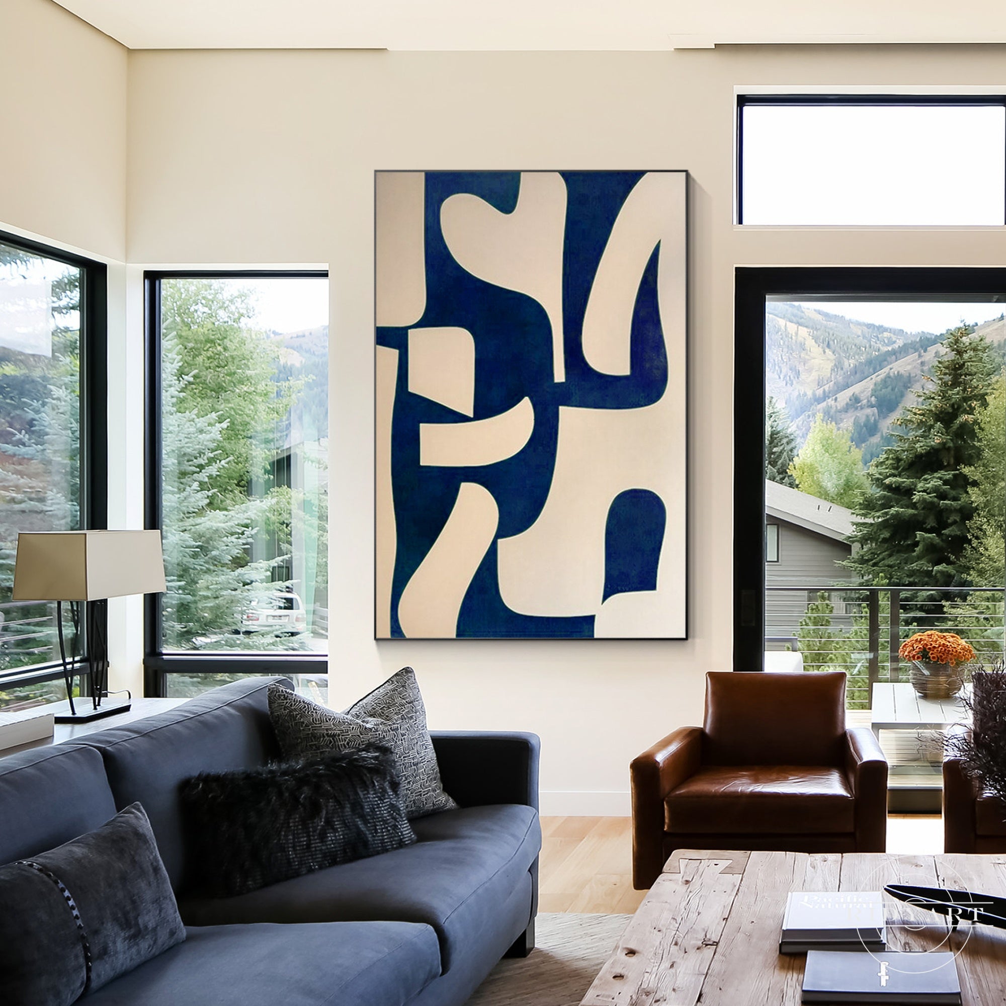 Blue and beige abstract art on canvas