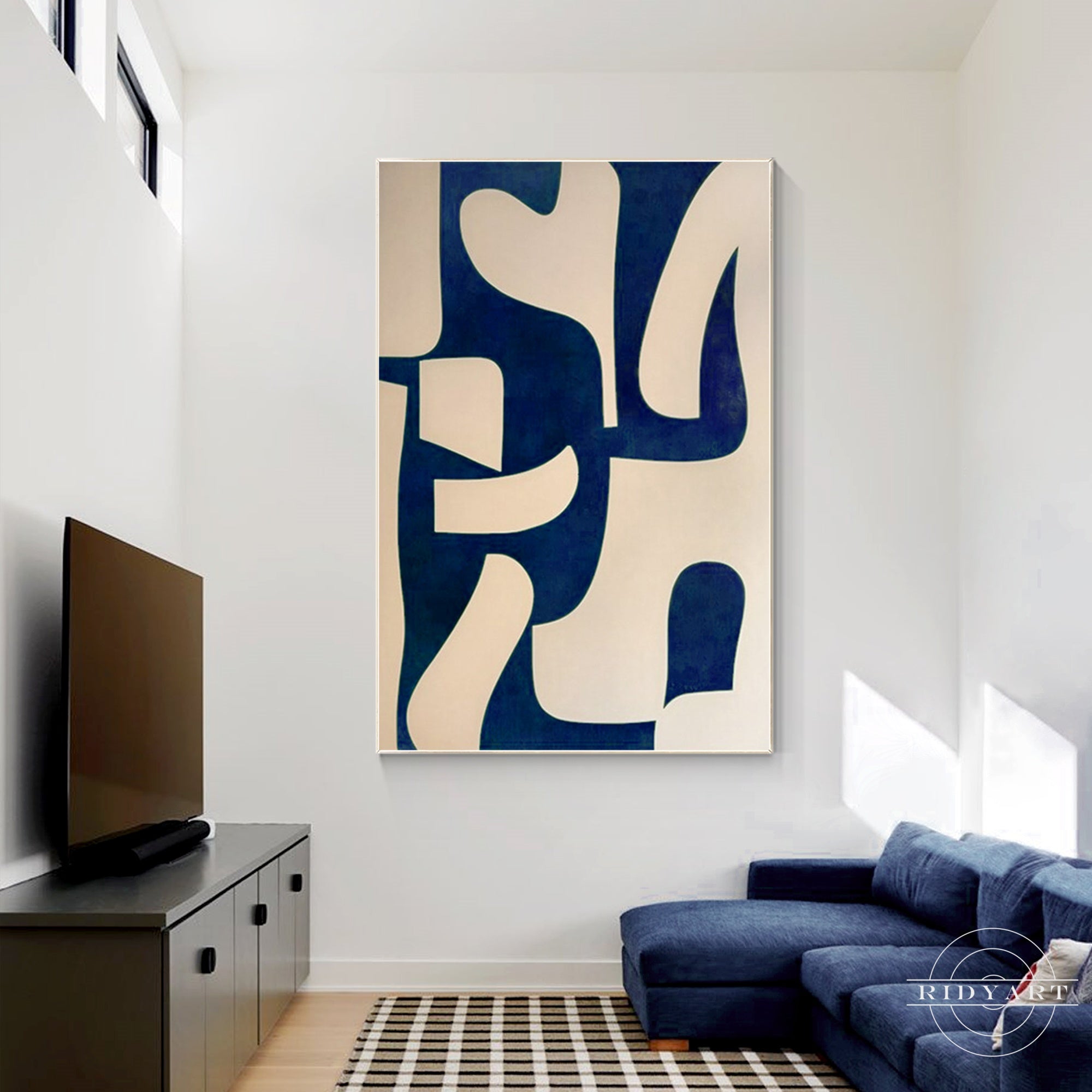 Navy blue and beige geometric canvas art