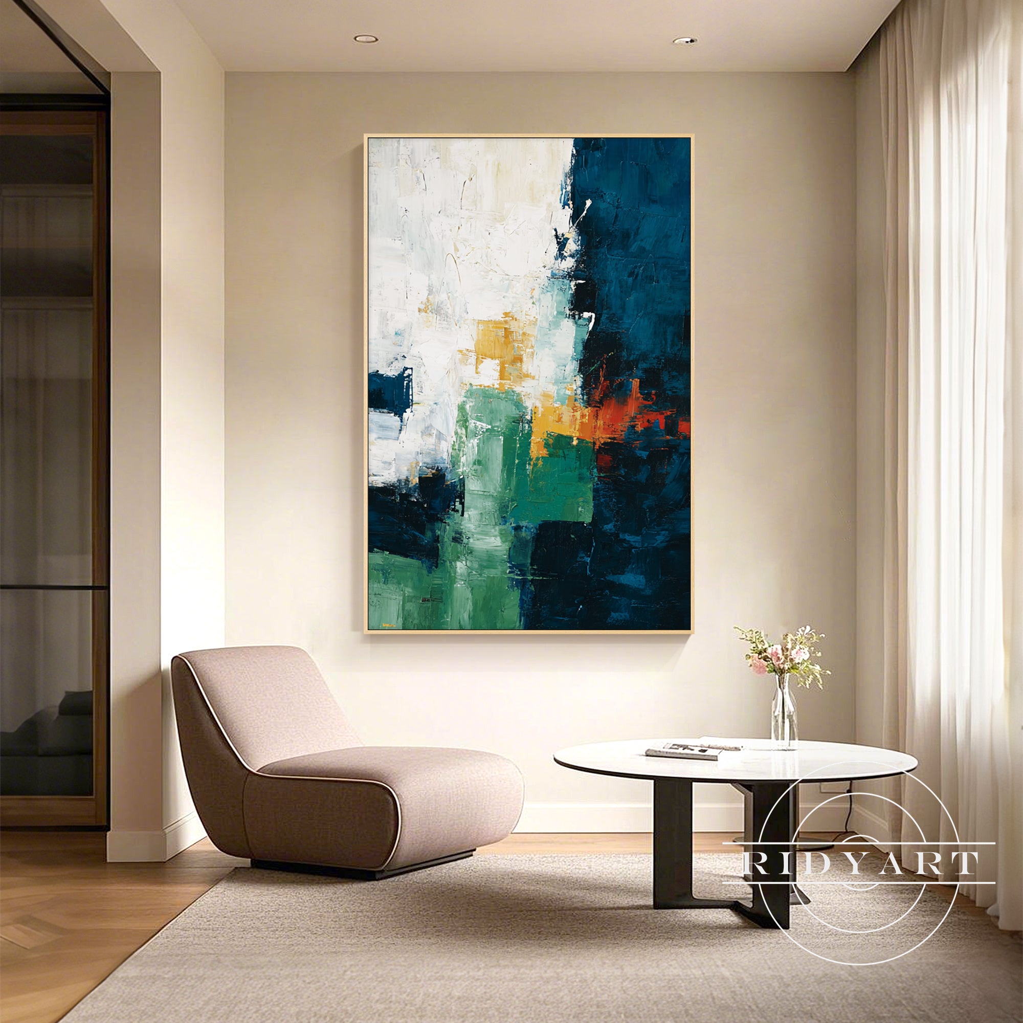 Minimalist abstract wall art in navy blue and beige