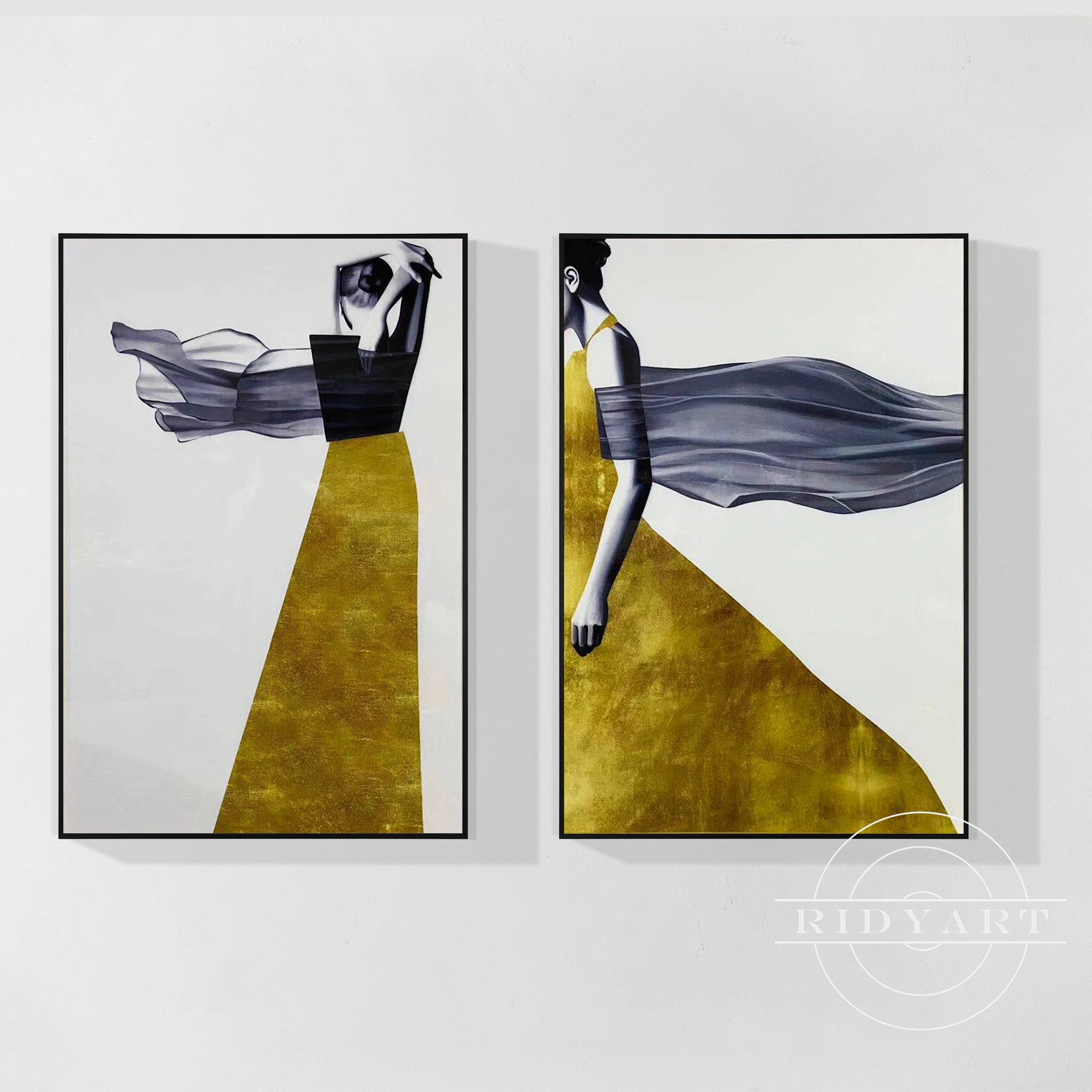 gold abstract female figure painting set