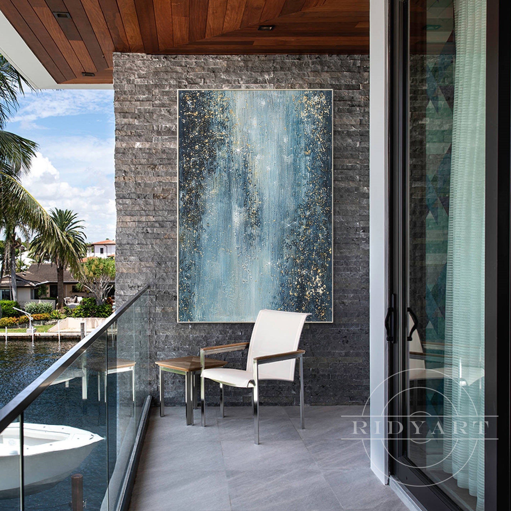 Navy blue and gold wall art with shimmering glitter accents.