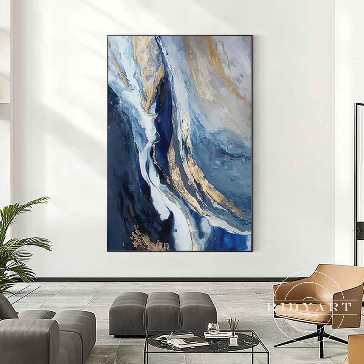 Navy Blue and Gold Abstract Ocean Painting - Modern Wall Art for Home Decor