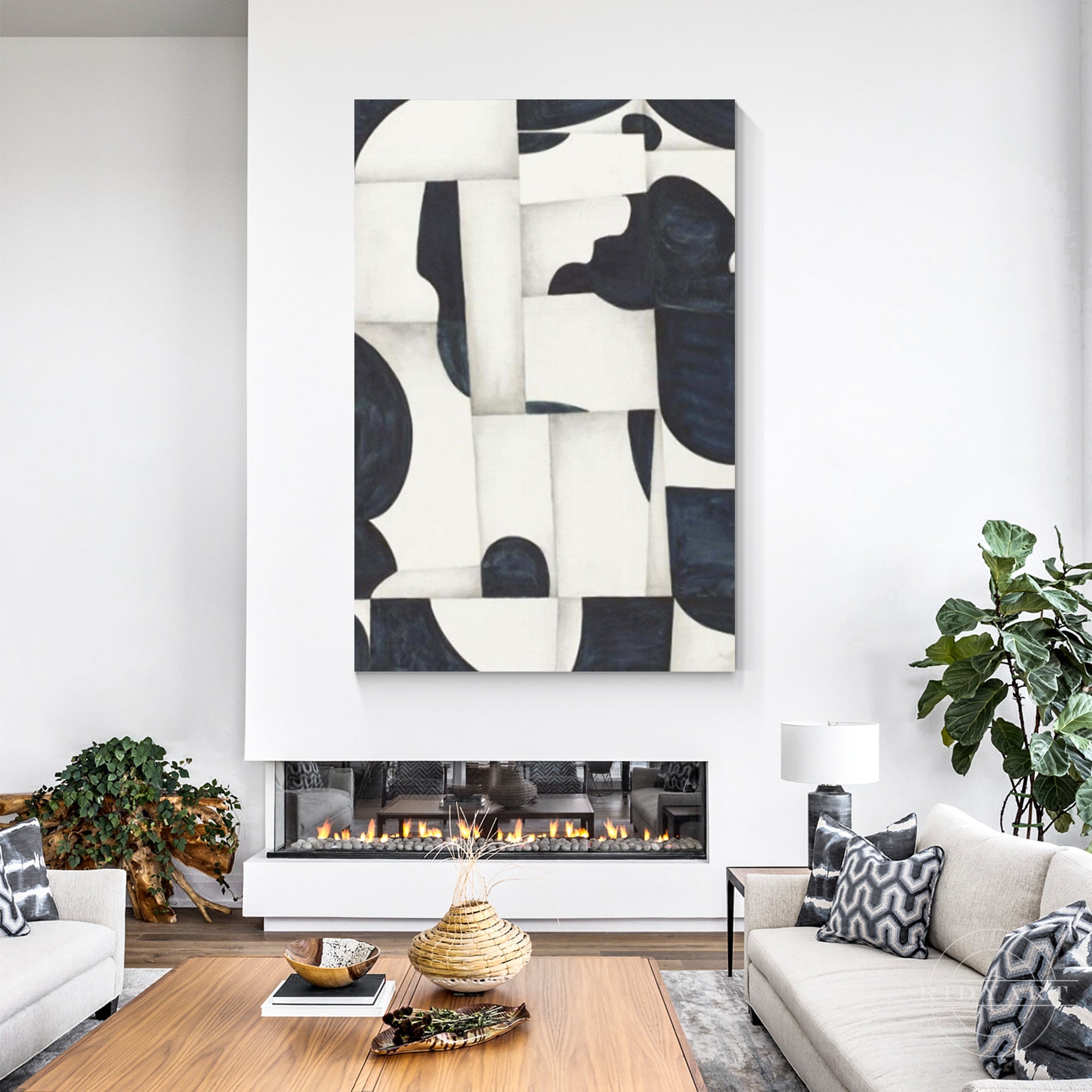 Navy blue and gray geometric canvas painting