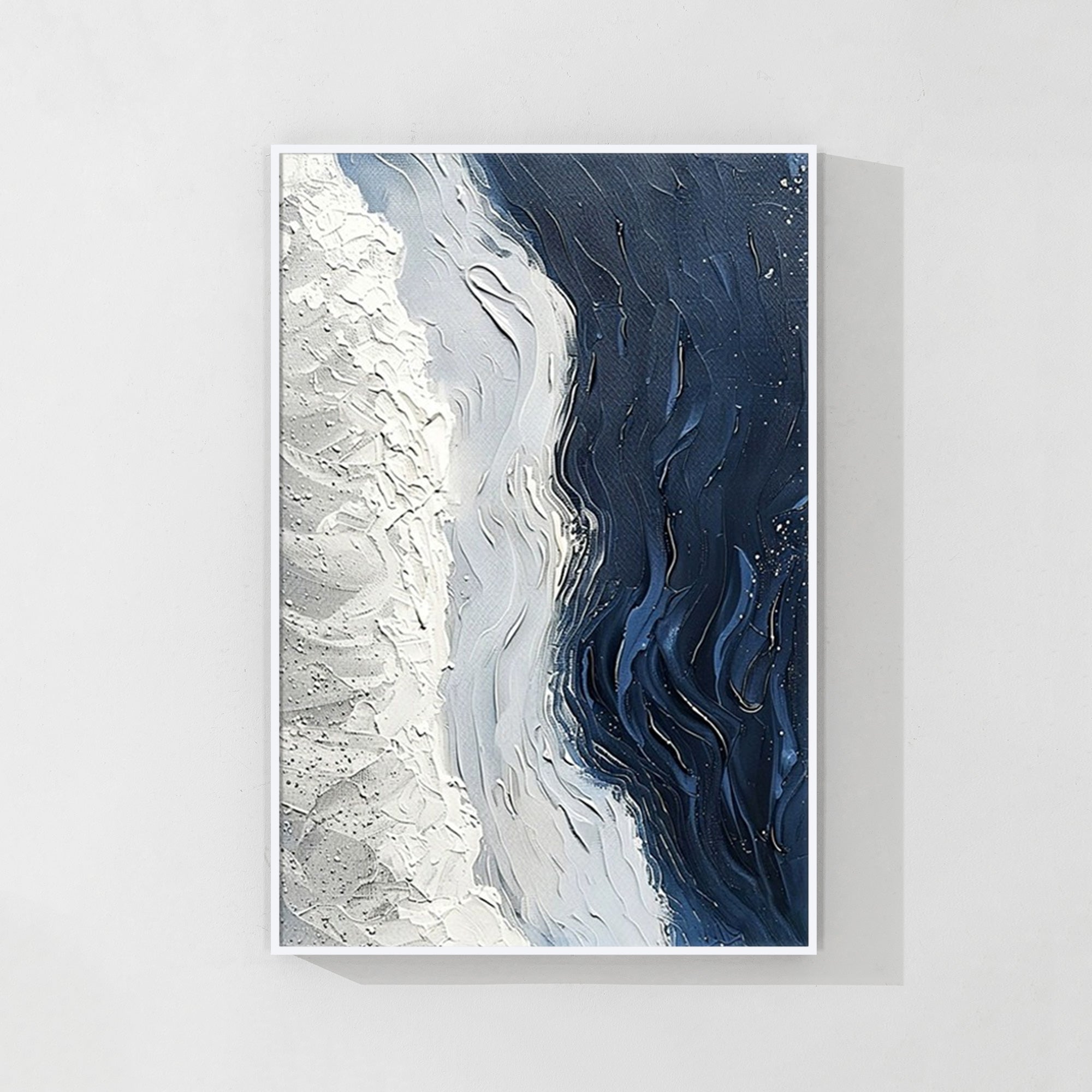 Navy blue abstract ocean wall art with 3D textured waves.