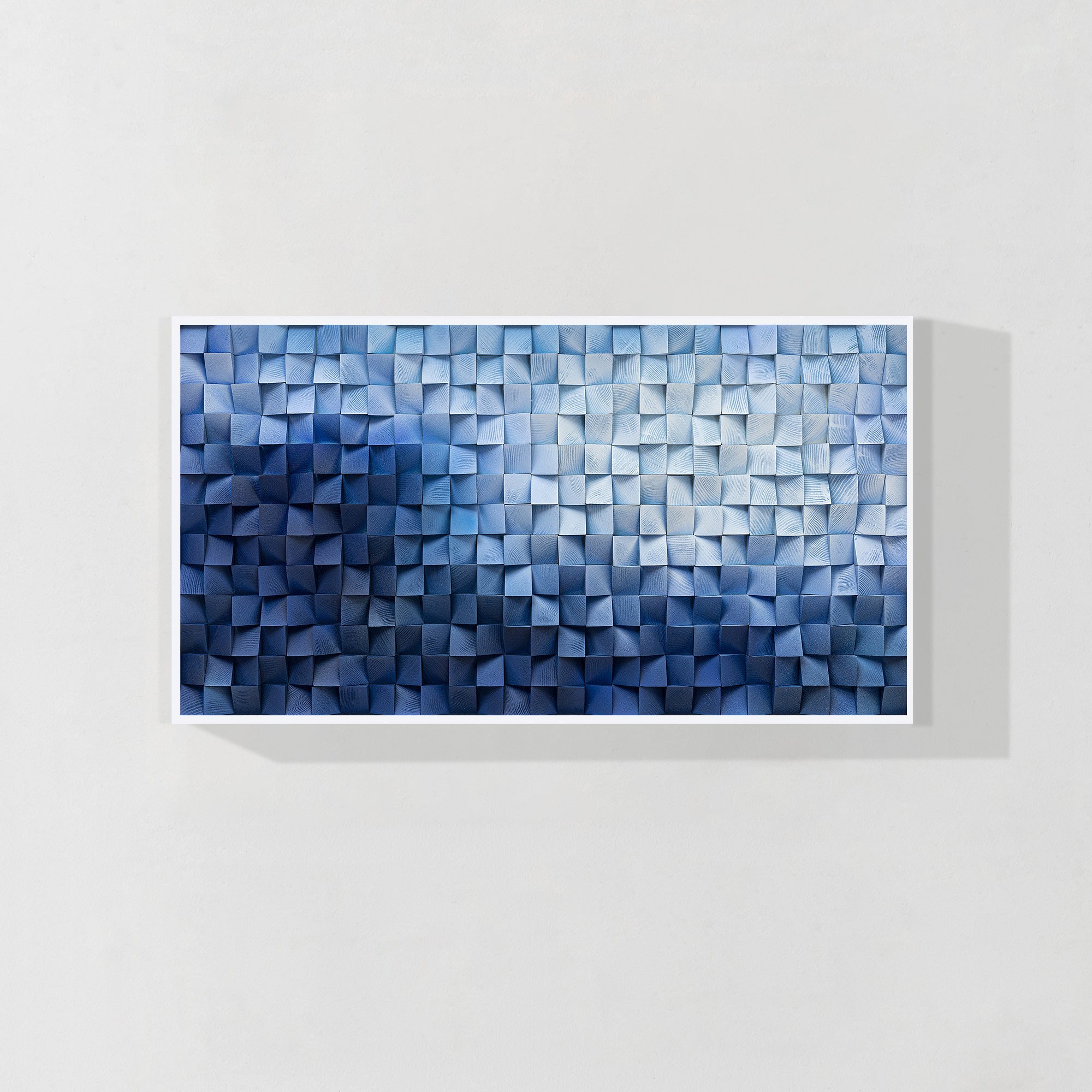 Navy blue ombre wood wall art with geometric design