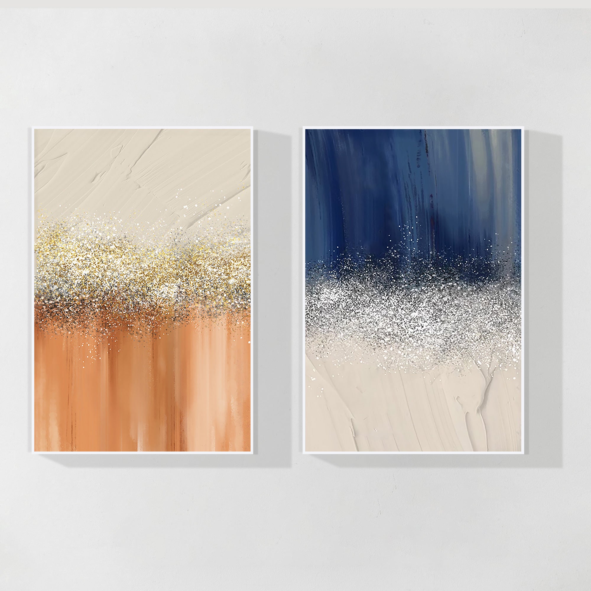 Set of 2 navy blue and orange abstract textured canvas wall art.