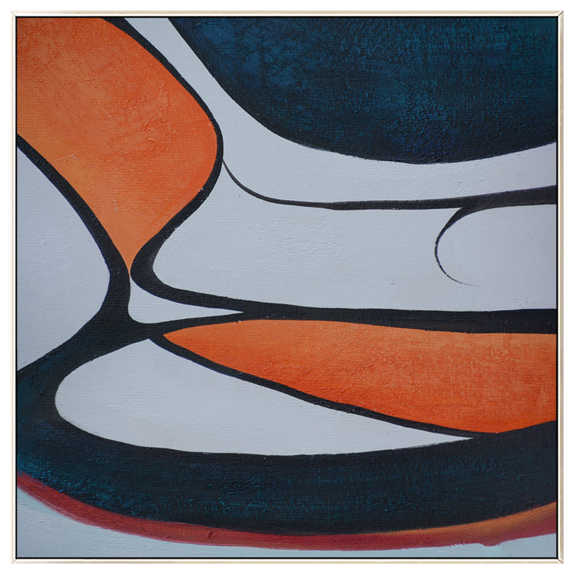Navy blue and orange abstract geometric painting on canvas