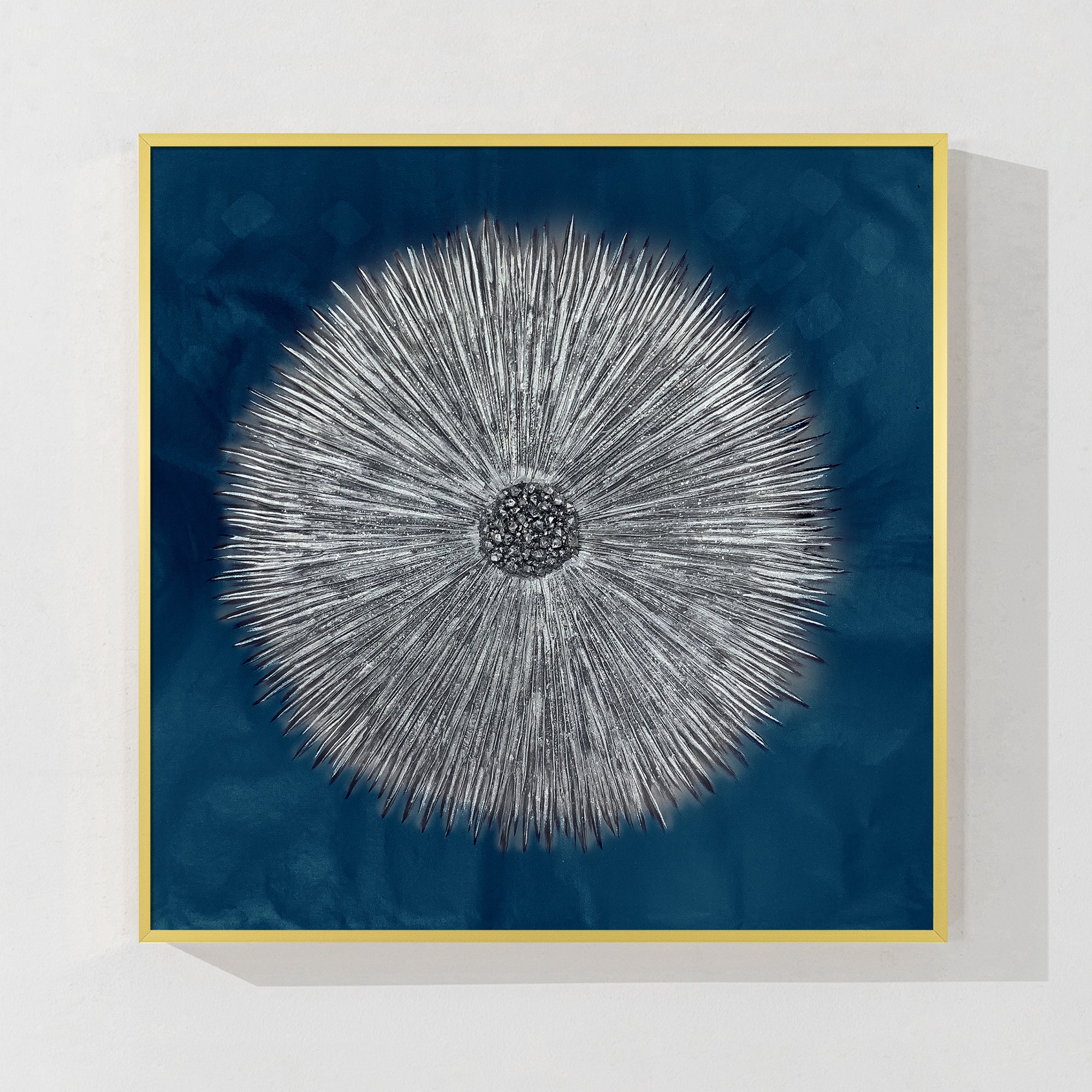 Navy blue and silver grey abstract wall art with textured details.