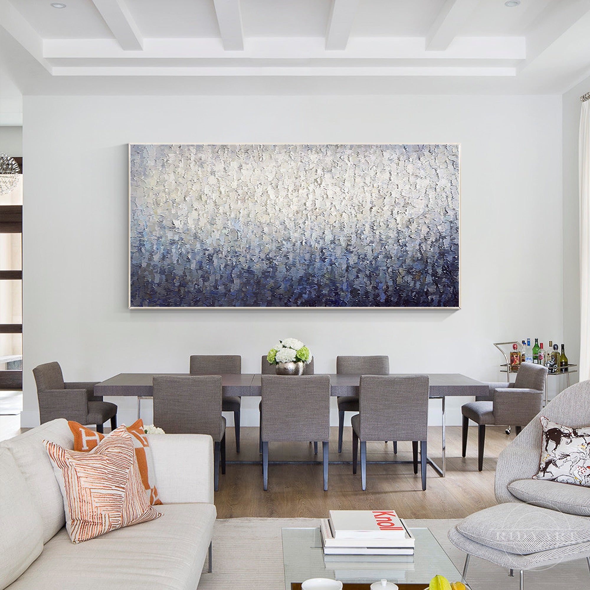 Navy blue and white textured abstract canvas painting