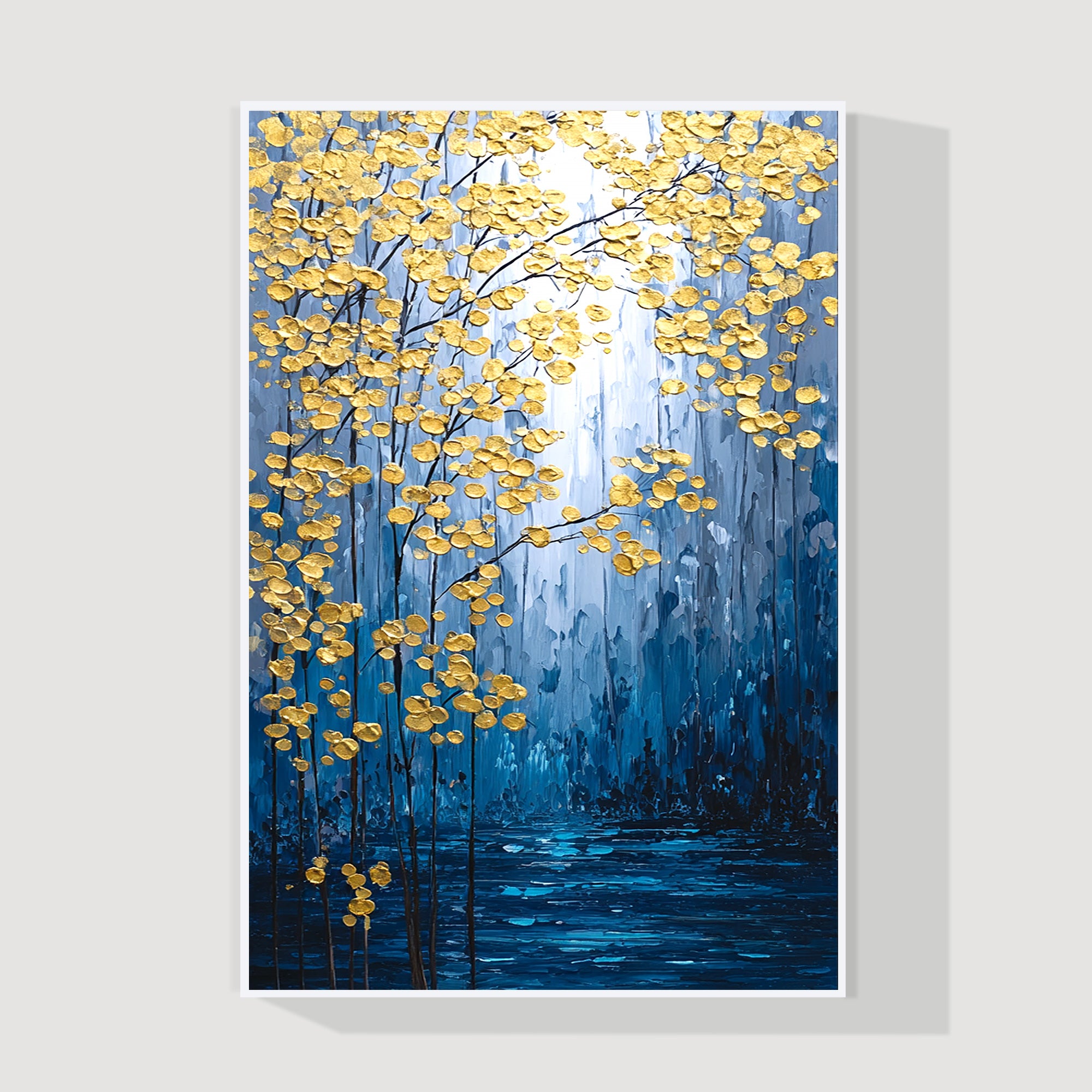 navy blue and gold flower textured painting