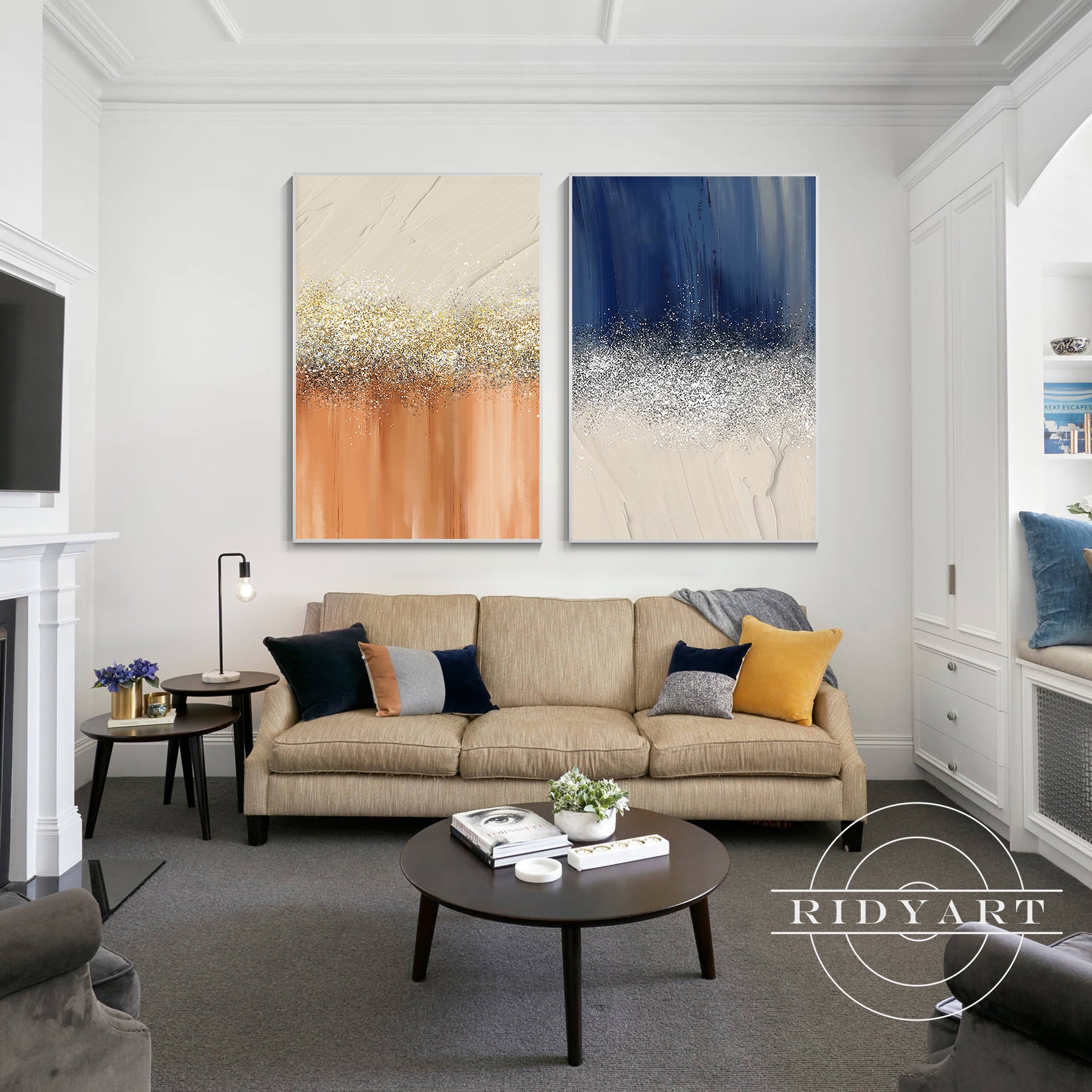 Bold and vibrant navy and orange wall decor with textured details.