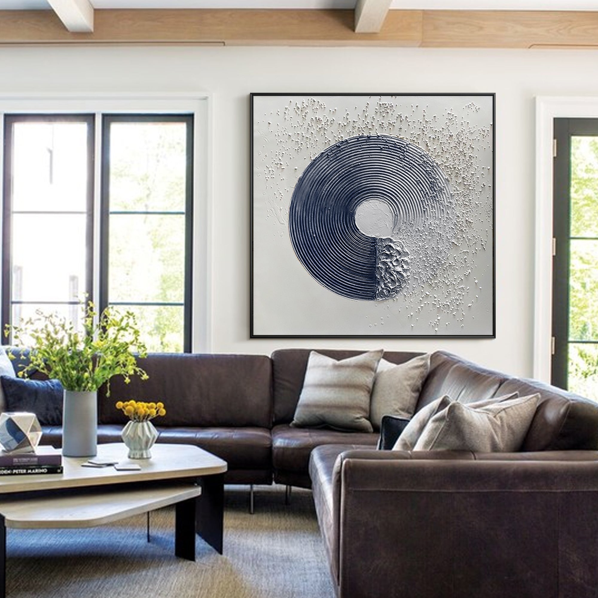Navy blue textured abstract canvas painting featuring a minimalist Enso circle design. Large framed wall art ideal for living room or modern decor.