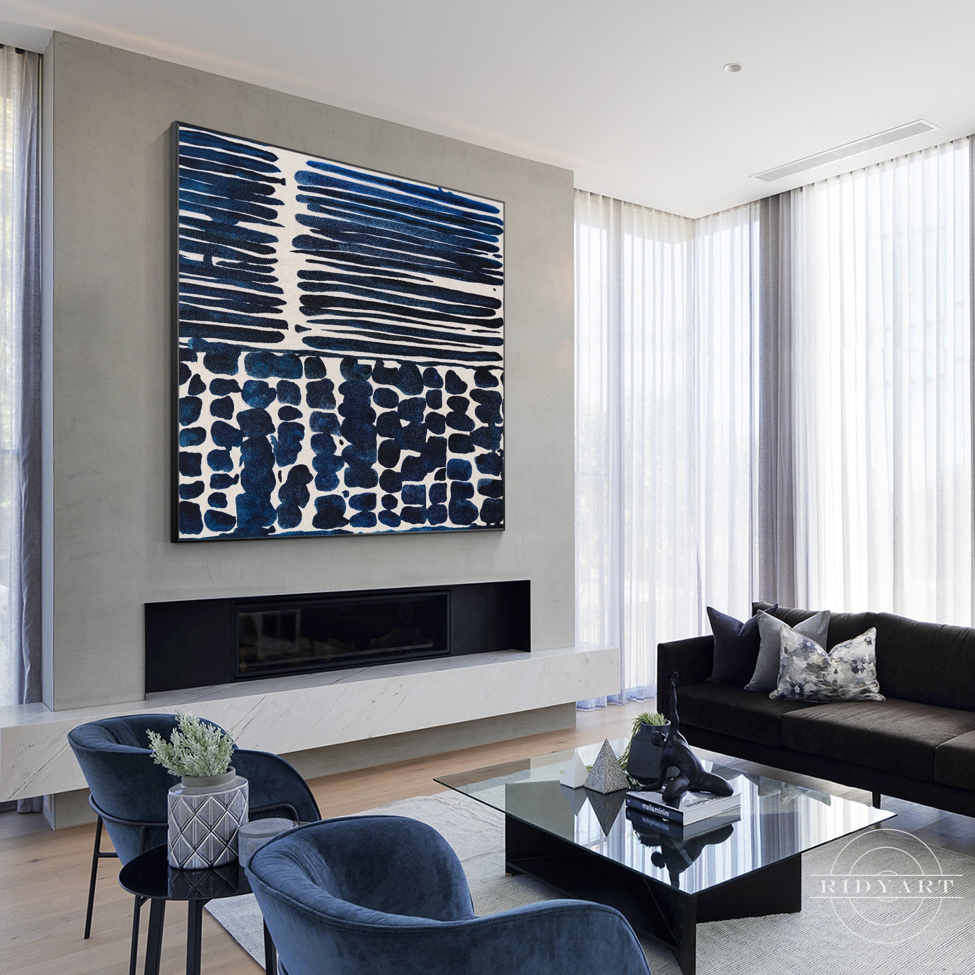 Navy blue textured abstract painting on canvas, framed wall art.