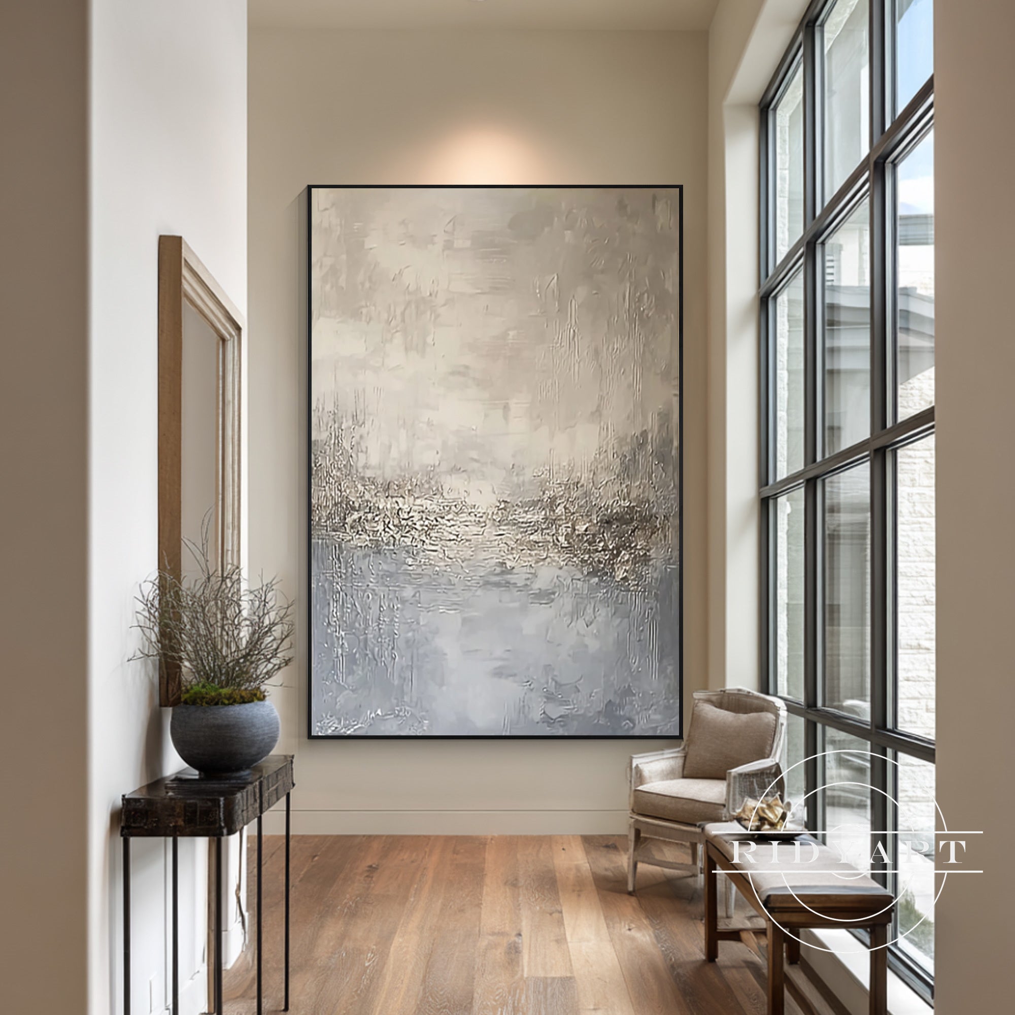 Minimalist beige and blue abstract painting