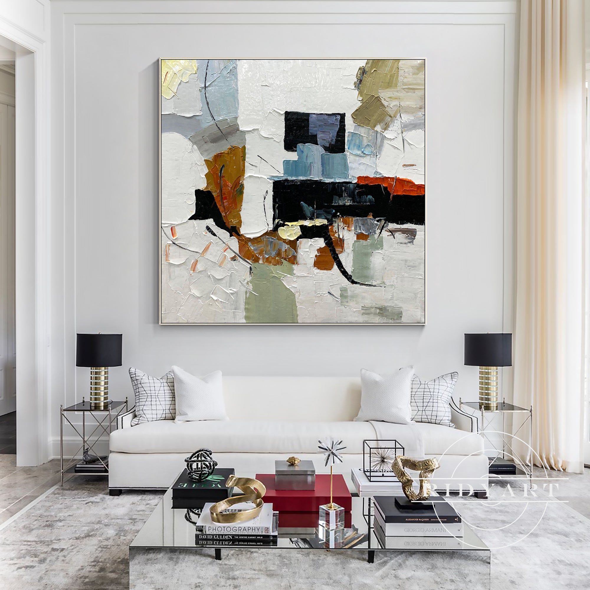 Contemporary large abstract canvas in black and beige