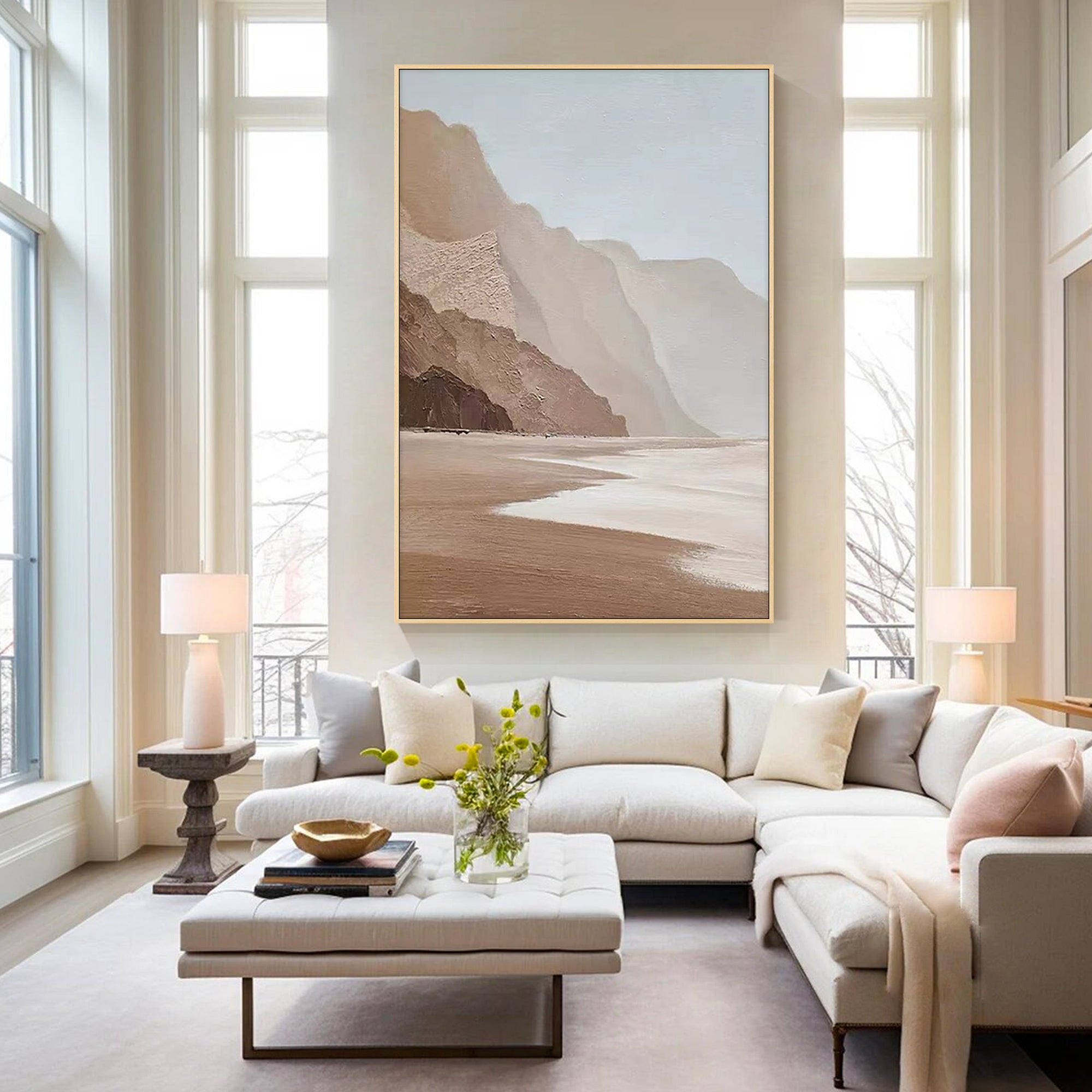 beige mountain ocean wall art in modern living room interior