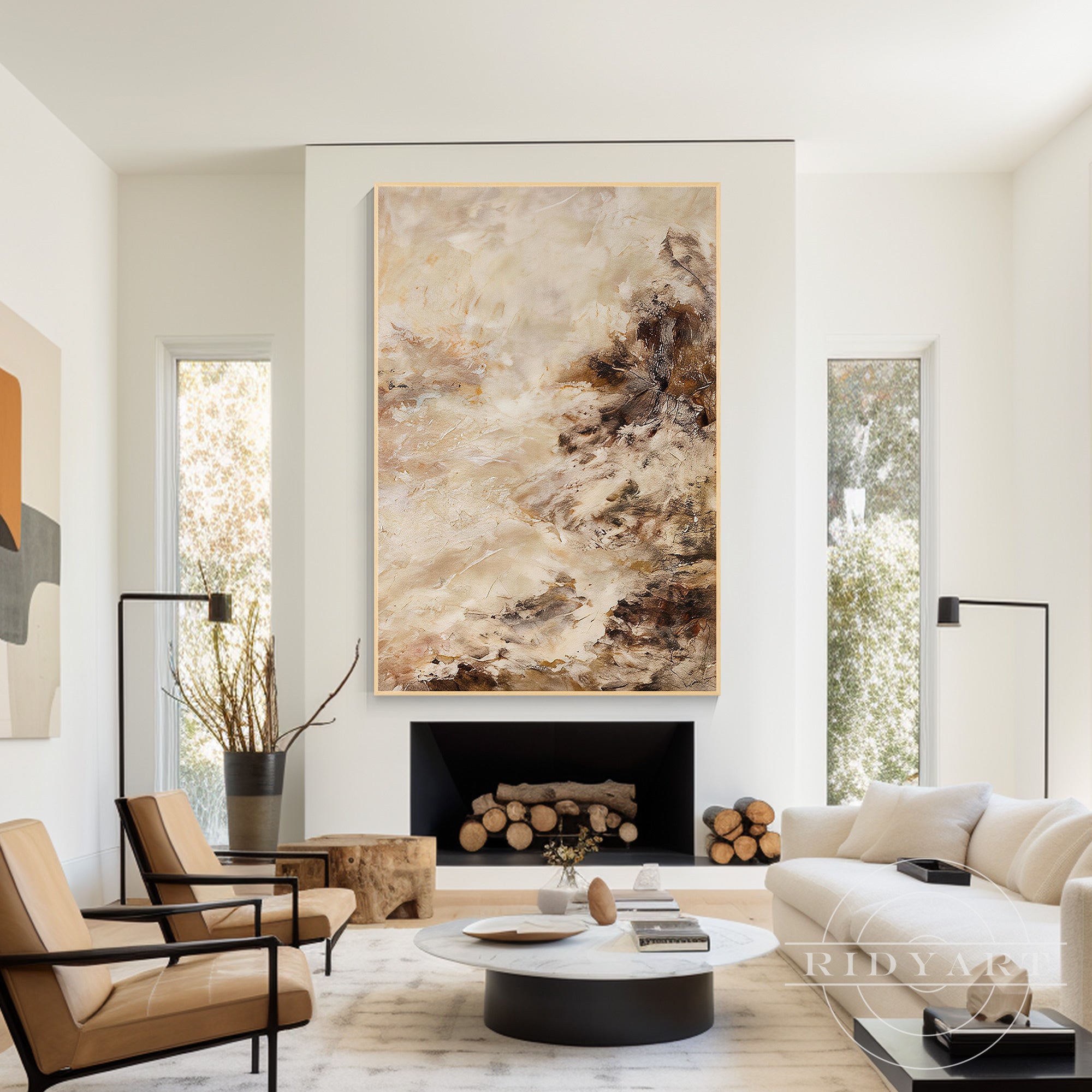 Wabi-sabi inspired neutral abstract artwork centerpiece featuring soothing earthy colors and 3D relief texture.