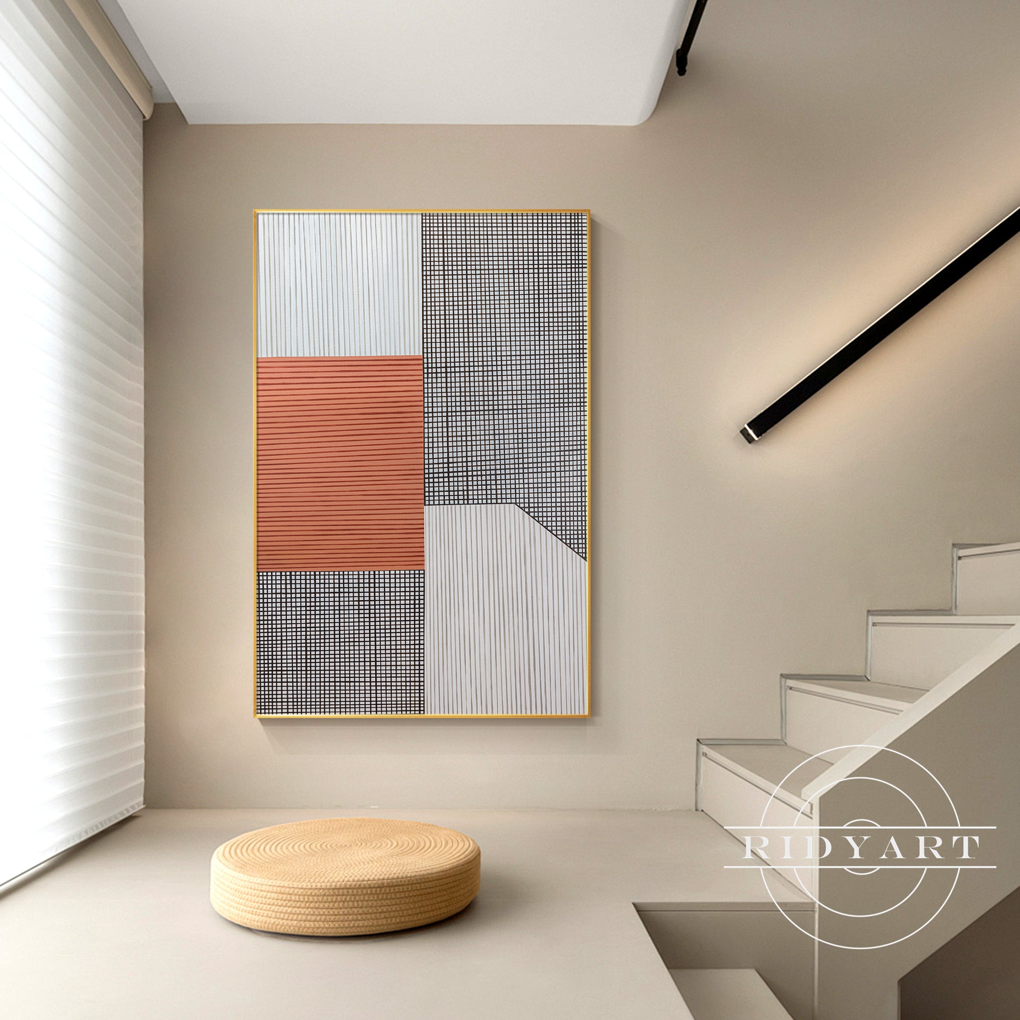 Earth-tone abstract painting in terracotta and gray for home interiors.