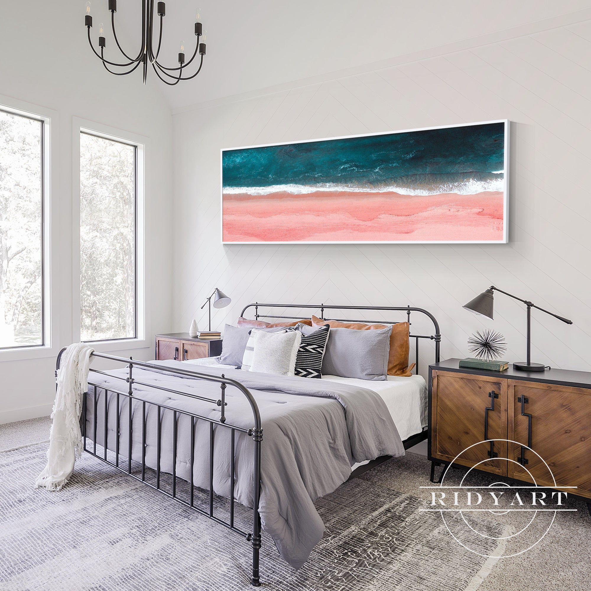 Modern abstract landscape wall art in turquoise blue and pink.