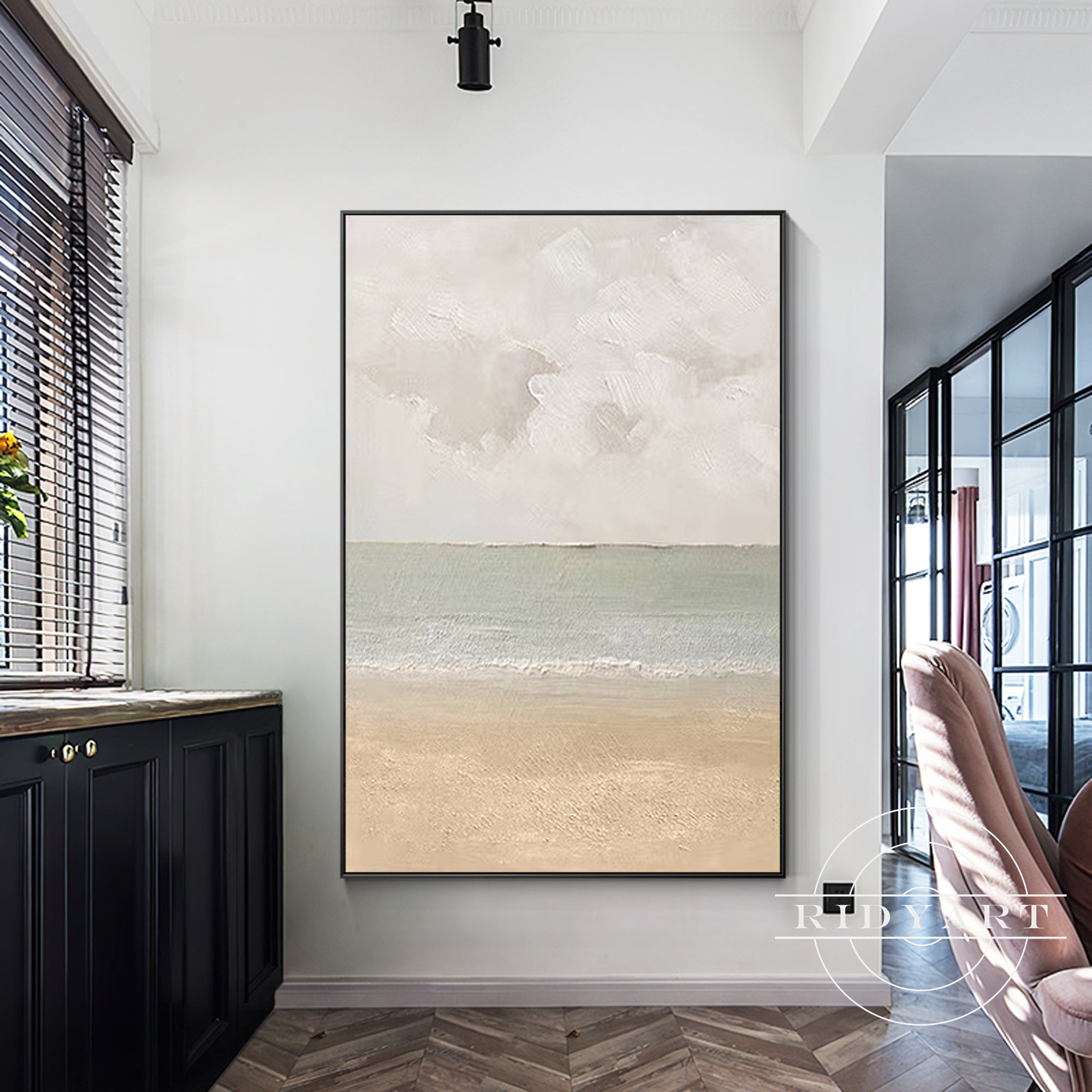 Grey and beige beach artwork with ocean-inspired texture