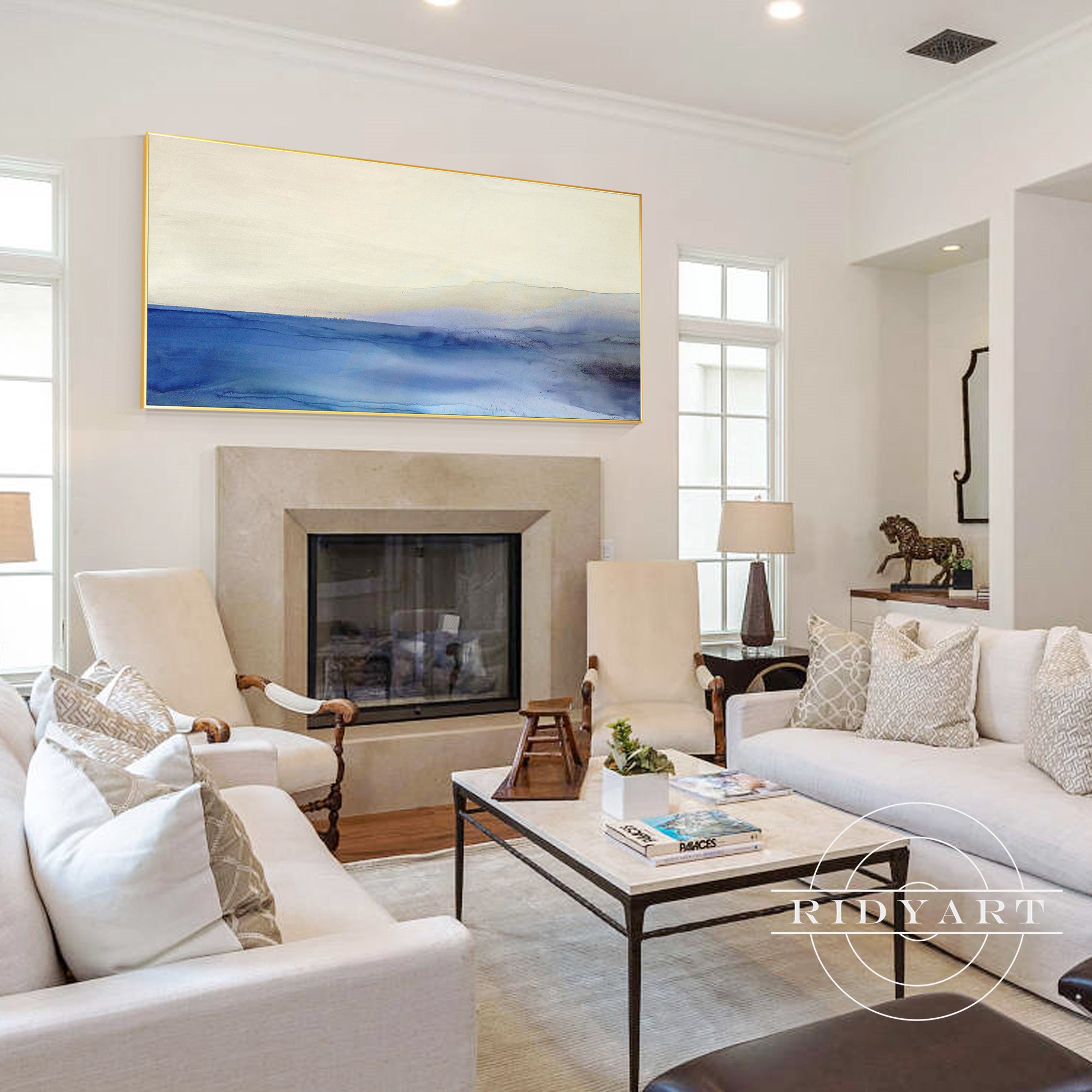 Modern abstract painting with ocean and mountain tones.