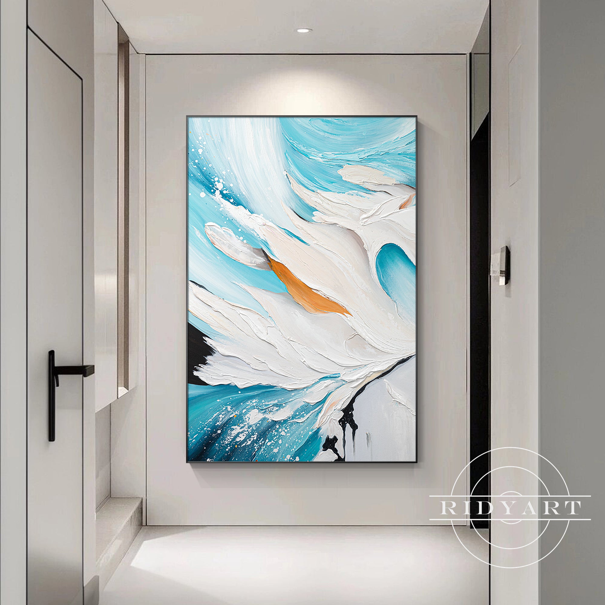 Textured ocean-inspired abstract canvas in teal blue