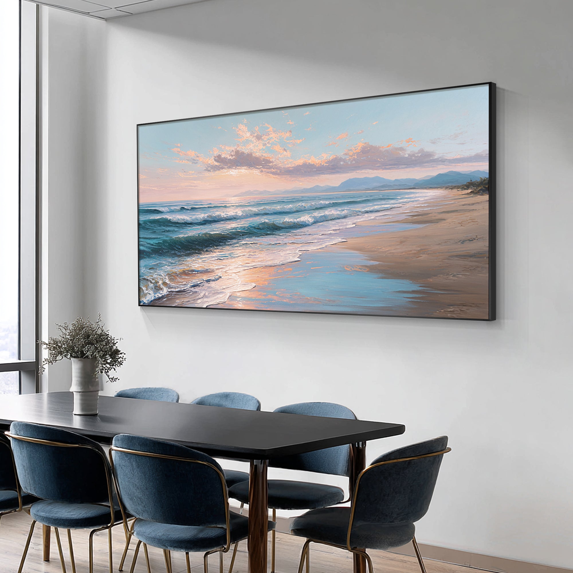 Coastal sunset canvas wall art in modern dining room