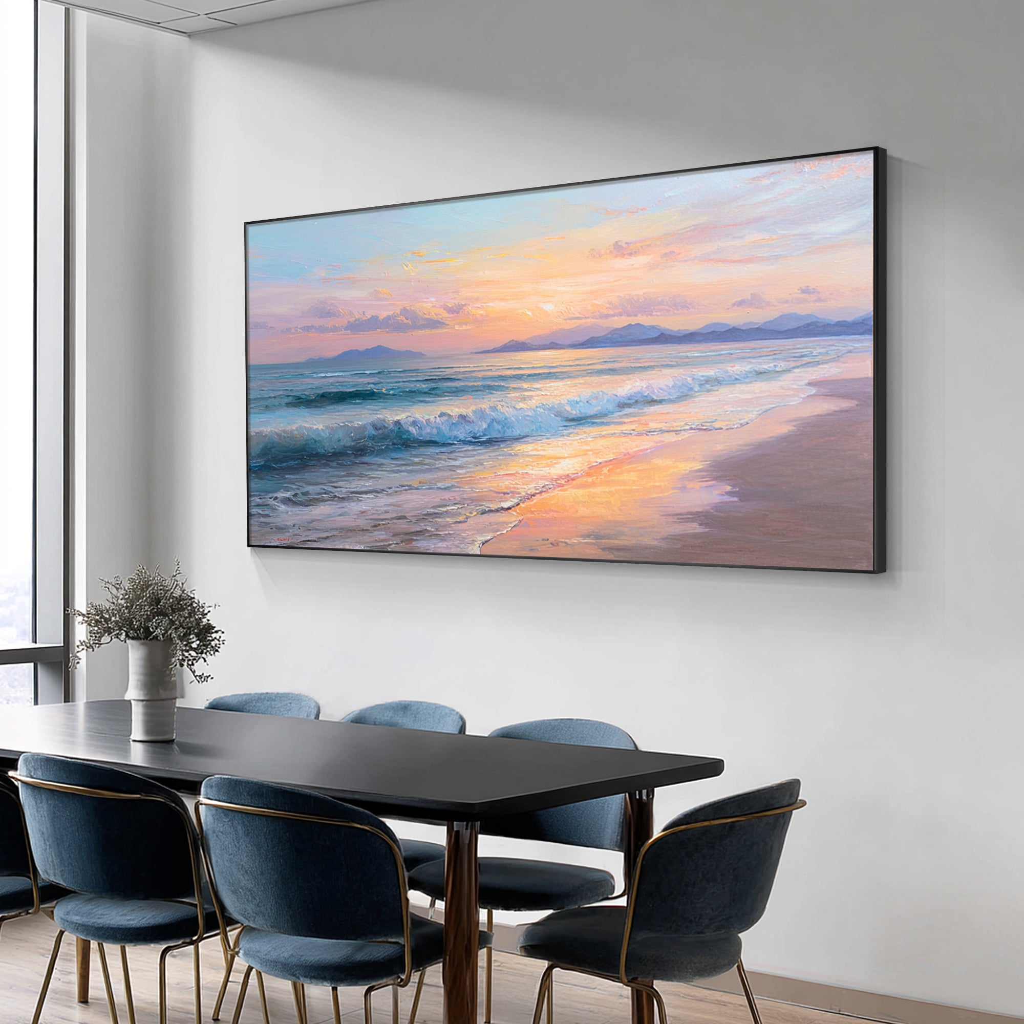 Ocean sunset canvas wall art in minimalist dining room setting