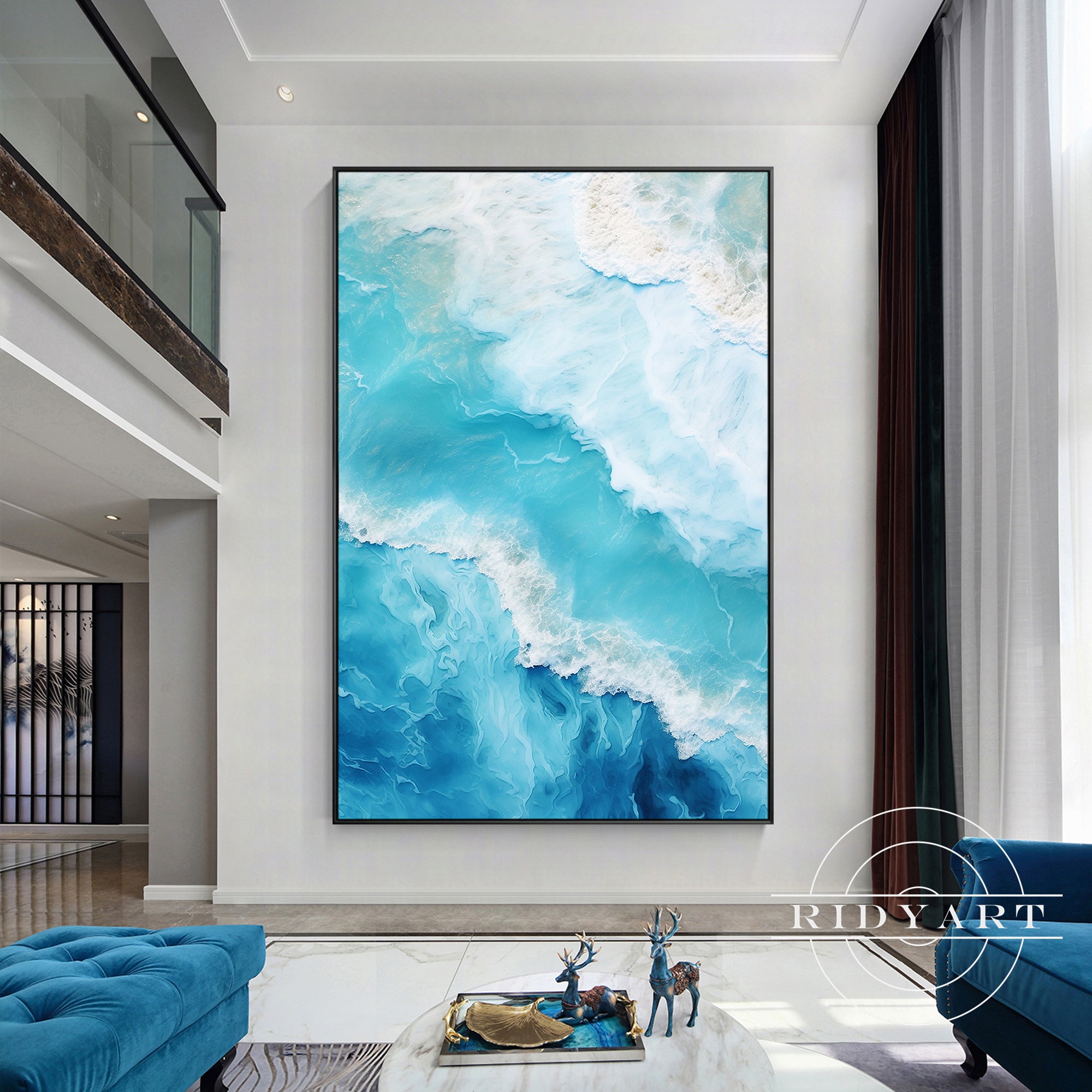 Blue ocean wave canvas wall art for serene home decor
