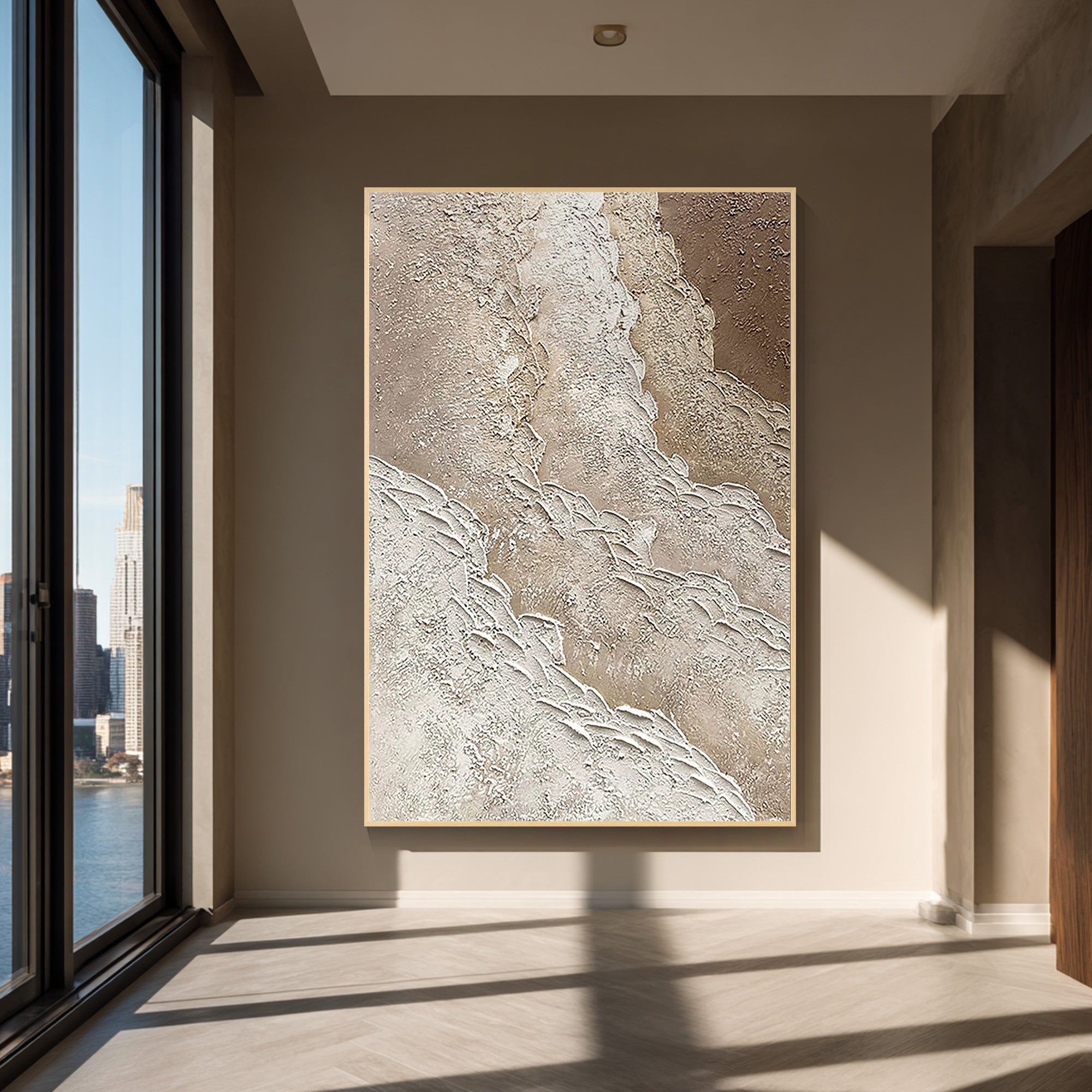 minimalist beige ocean textured wall art wabi sabi painting