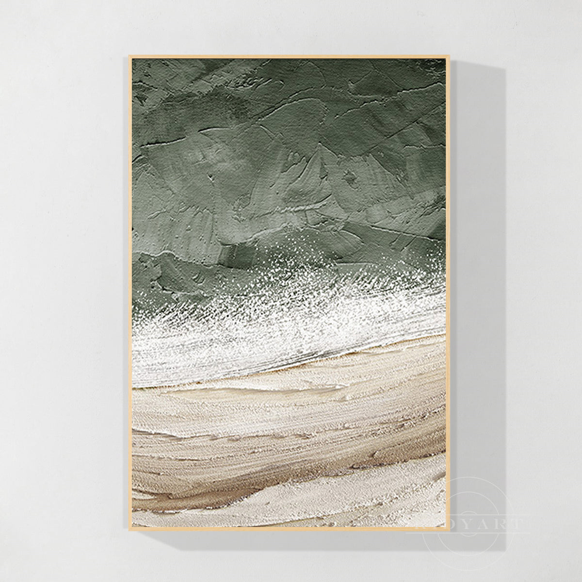 Minimalist 3D textured canvas wall art in olive green, ocean white foam, and warm sand beige tones in a sleek wood frame.