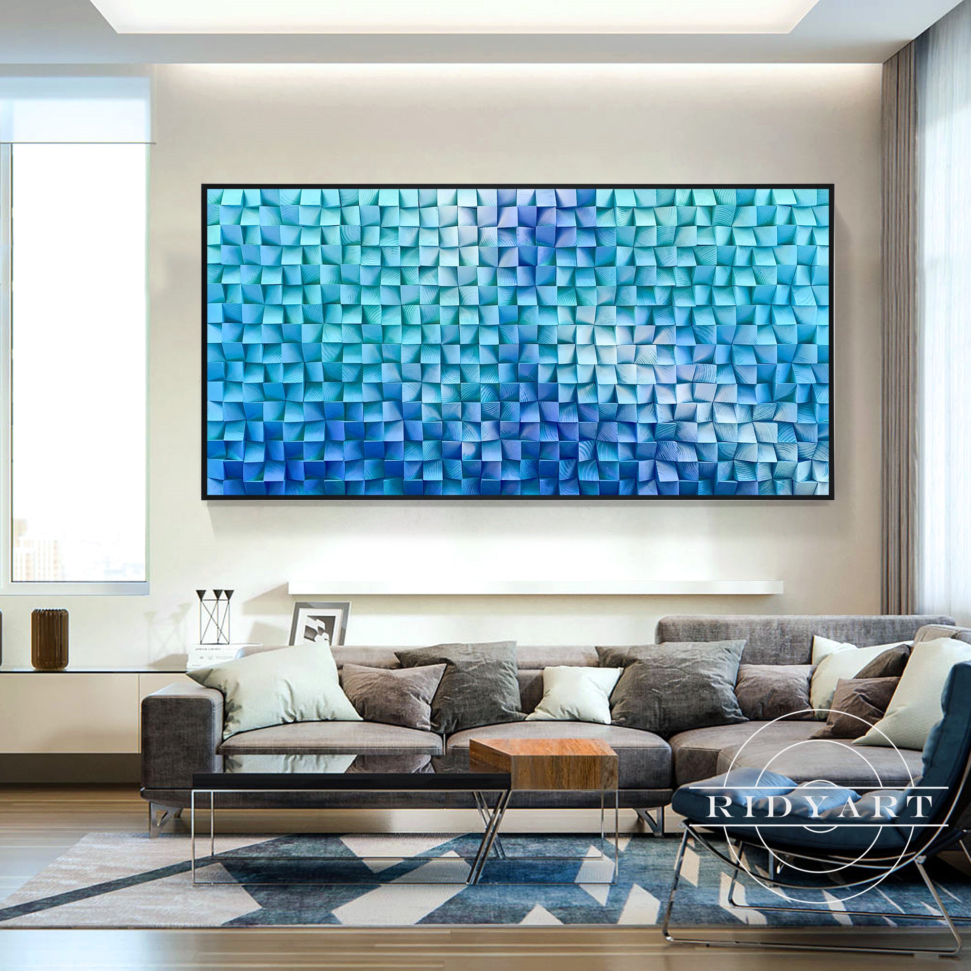 Abstract horizontal wood panel in ocean ombre tones