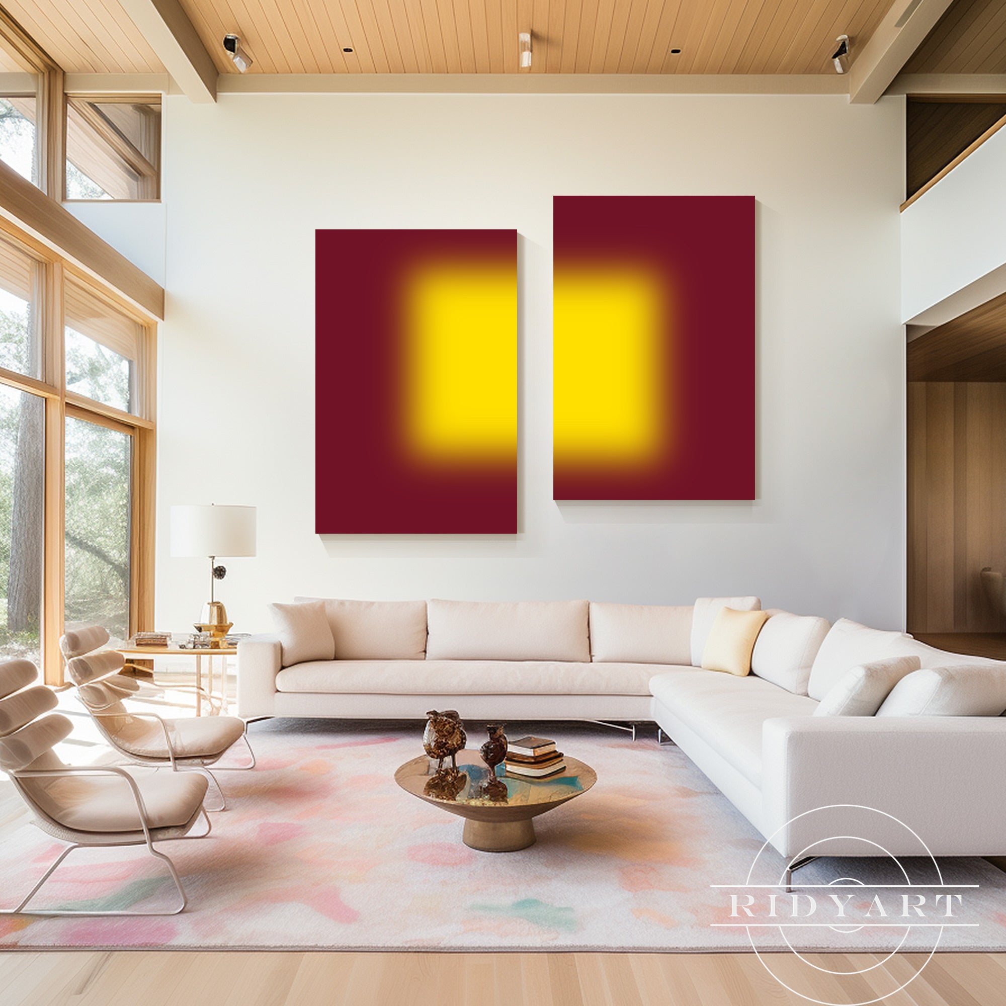 set of 2 ombre neon red yellow abstract gradient paintings