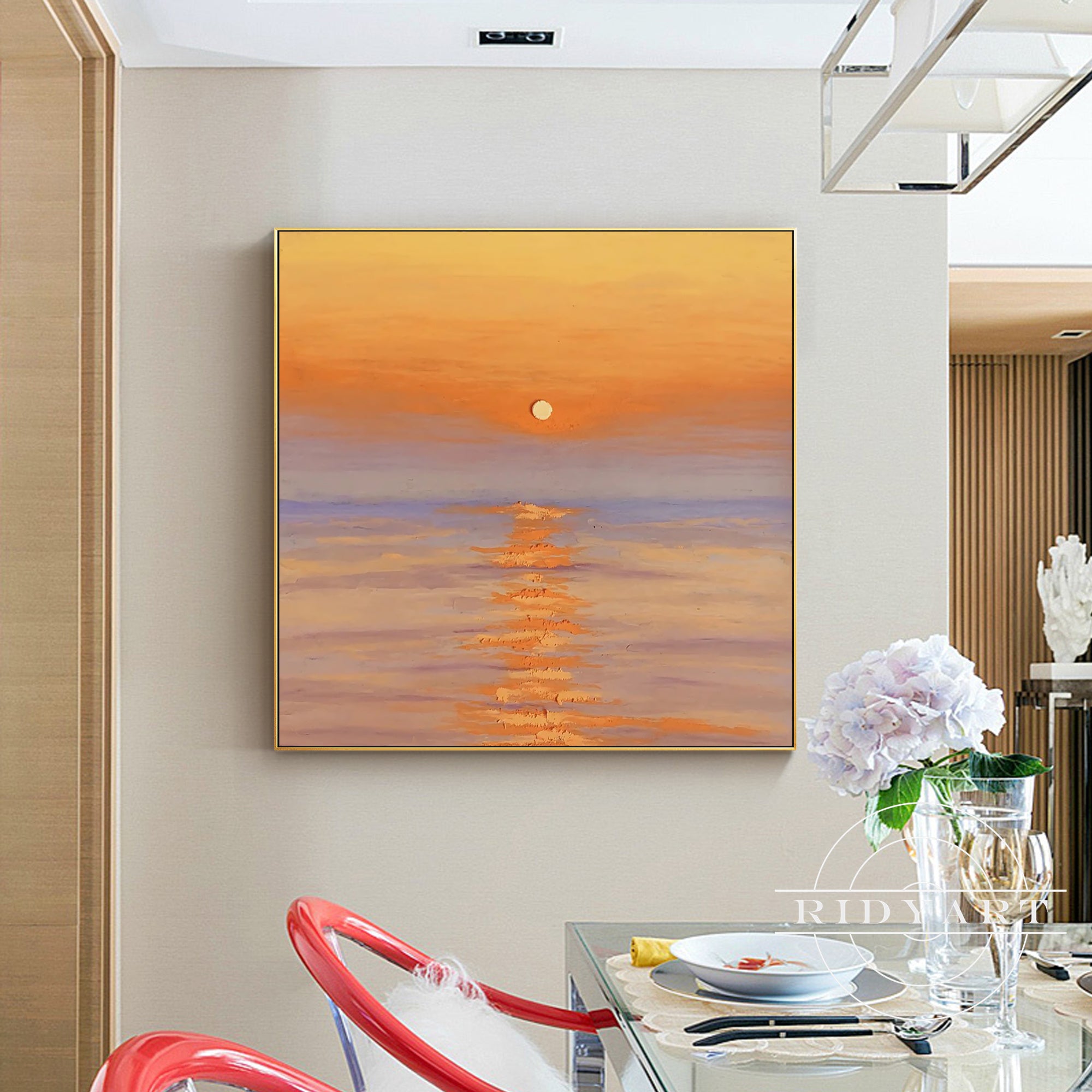 Framed seascape canvas art in warm colors